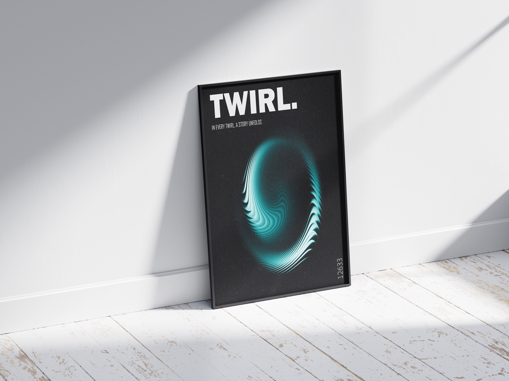 'Twirl' poster featuring a dynamic turquoise and teal swirl graphic on a deep black background, including the poetic quote "In every twirl, a story unfolds". Perfect modern wall art for living rooms, offices, or minimalist interiors seeking a sleek and energetic focal point.