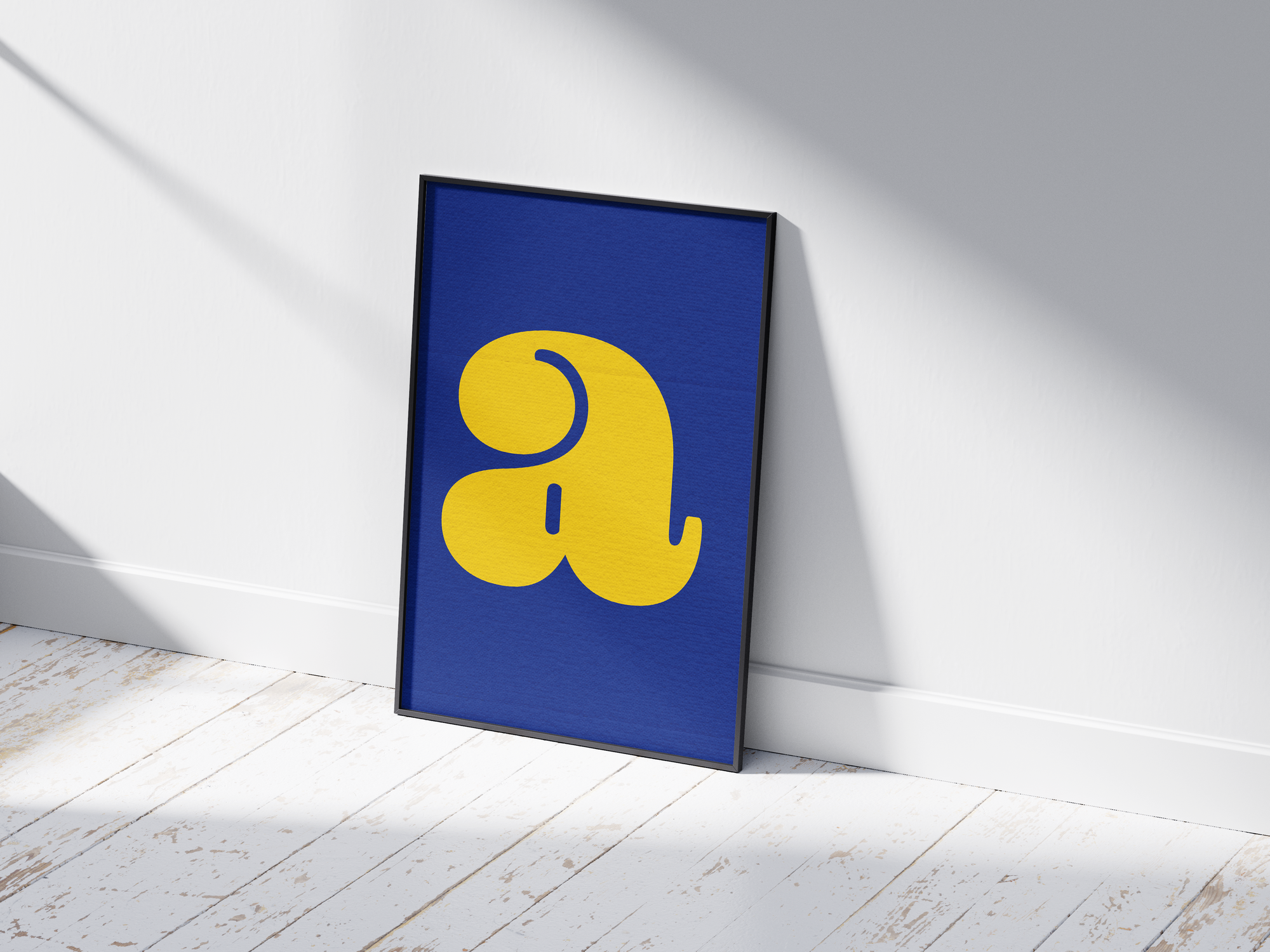 Bold and vibrant alphabet letter A poster featuring a curvy, acid-yellow 'a' on an electric-blue background, printed on semi-gloss paper. Perfect modern wall art for nurseries, offices, or gallery walls with a playful and graphic aesthetic.