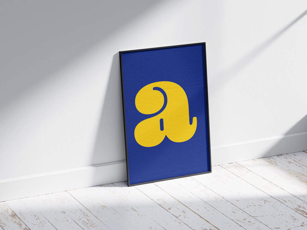 Bold and vibrant alphabet letter A poster featuring a curvy, acid-yellow 'a' on an electric-blue background, printed on semi-gloss paper. Perfect modern wall art for nurseries, offices, or gallery walls with a playful and graphic aesthetic.
