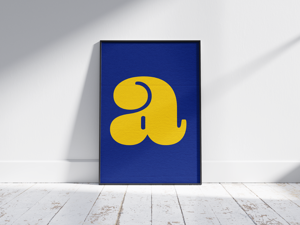 Bold and vibrant alphabet letter A poster featuring a curvy, acid-yellow 'a' on an electric-blue background, printed on semi-gloss paper. Perfect modern wall art for nurseries, offices, or gallery walls with a playful and graphic aesthetic.
