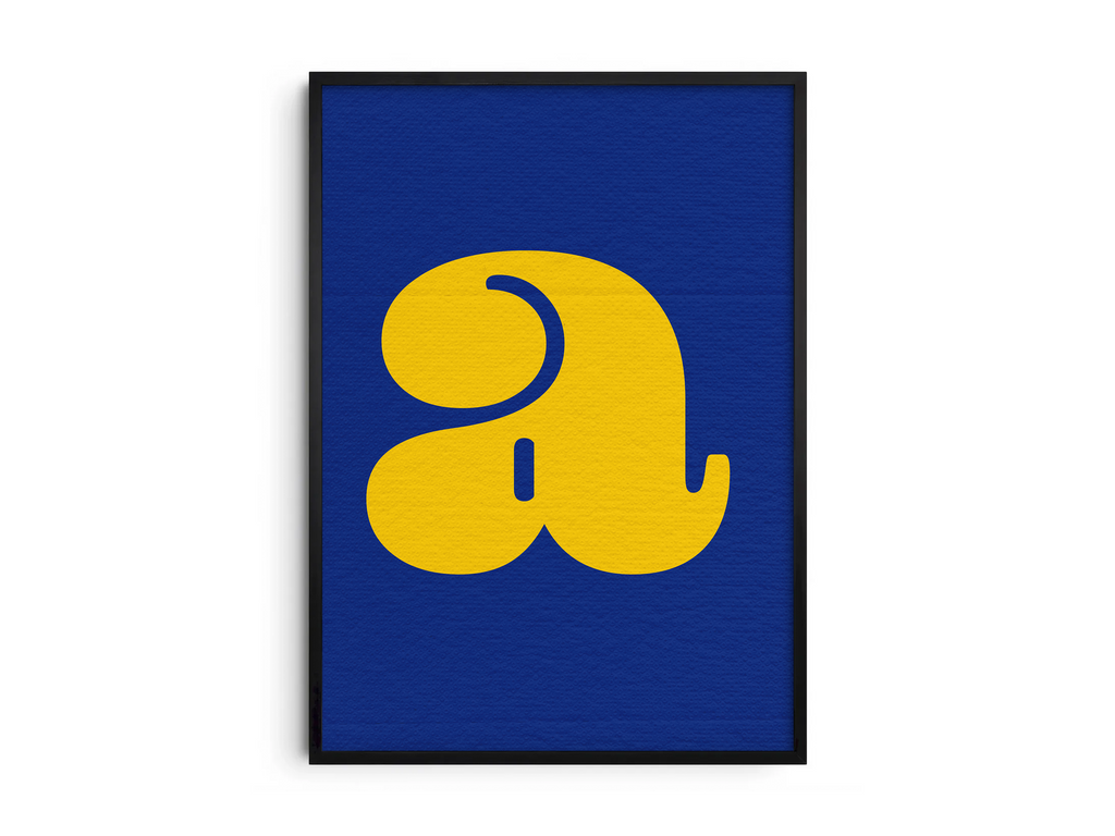 Bold and vibrant alphabet letter A poster featuring a curvy, acid-yellow 'a' on an electric-blue background, printed on semi-gloss paper. Perfect modern wall art for nurseries, offices, or gallery walls with a playful and graphic aesthetic.