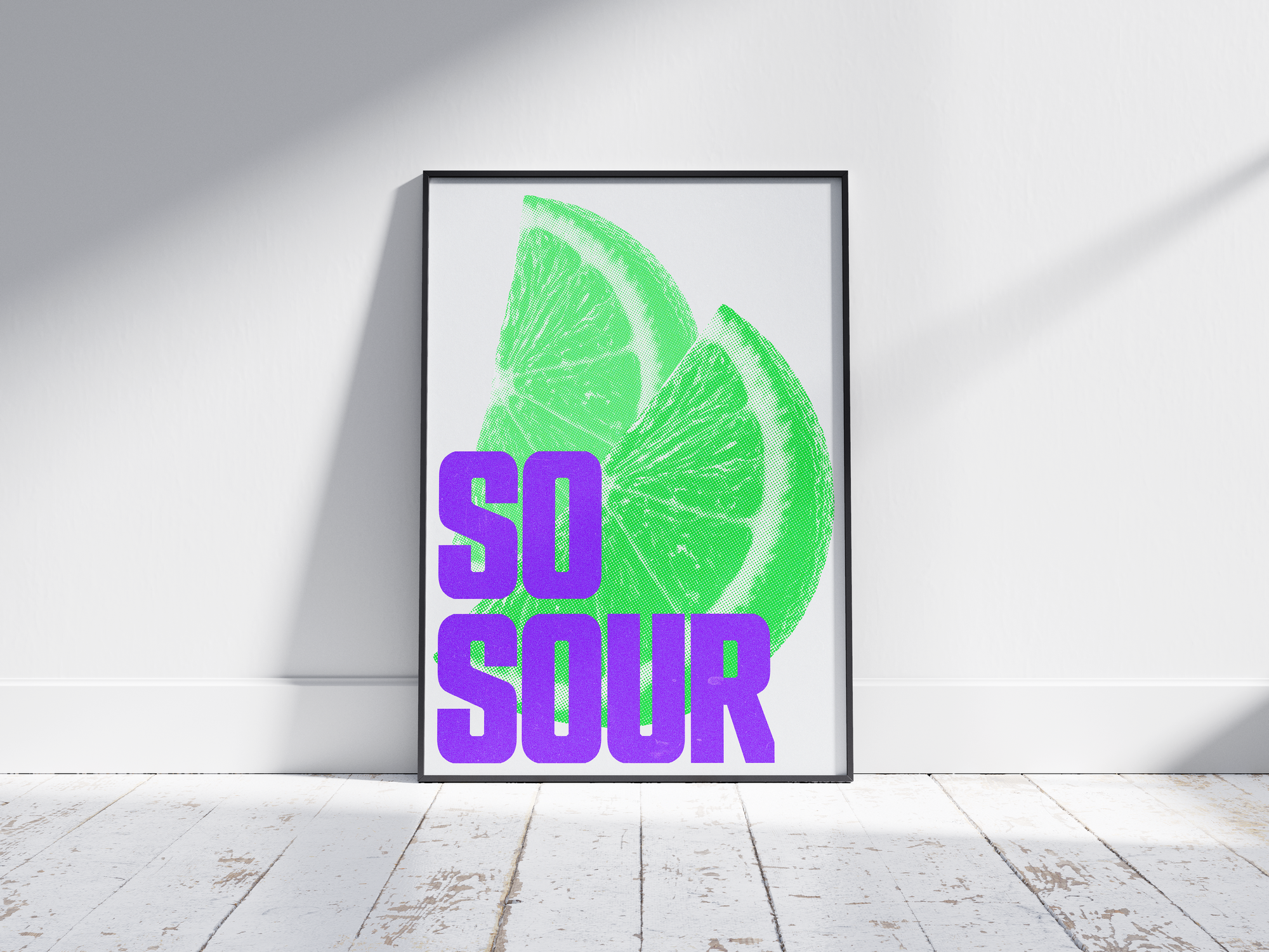 Bold and modern halftone lime poster featuring a vibrant, graphic-style illustration with "So Sour" text, printed on semi-gloss sustainable paper. Perfect wall art for kitchens, bar areas, or modern interiors with a lively and energetic aesthetic.