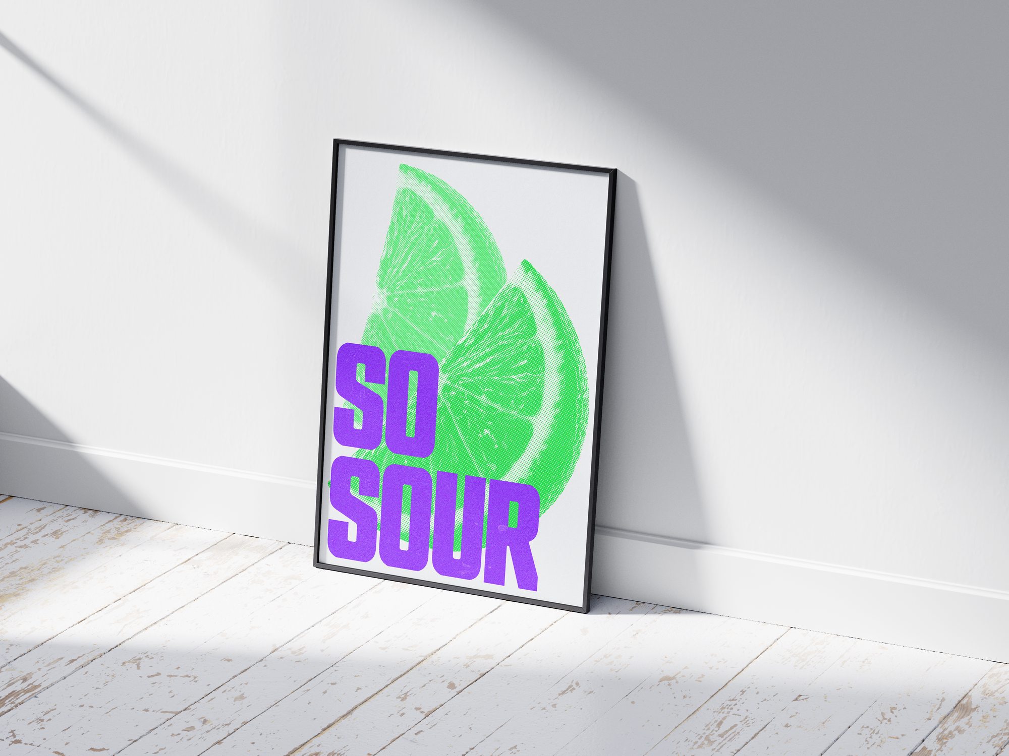 Bold and modern halftone lime poster featuring a vibrant, graphic-style illustration with "So Sour" text, printed on semi-gloss sustainable paper. Perfect wall art for kitchens, bar areas, or modern interiors with a lively and energetic aesthetic.