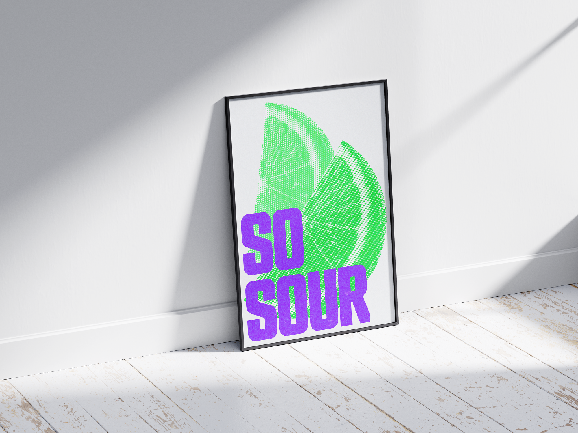 Bold and modern halftone lime poster featuring a vibrant, graphic-style illustration with "So Sour" text, printed on semi-gloss sustainable paper. Perfect wall art for kitchens, bar areas, or modern interiors with a lively and energetic aesthetic.
