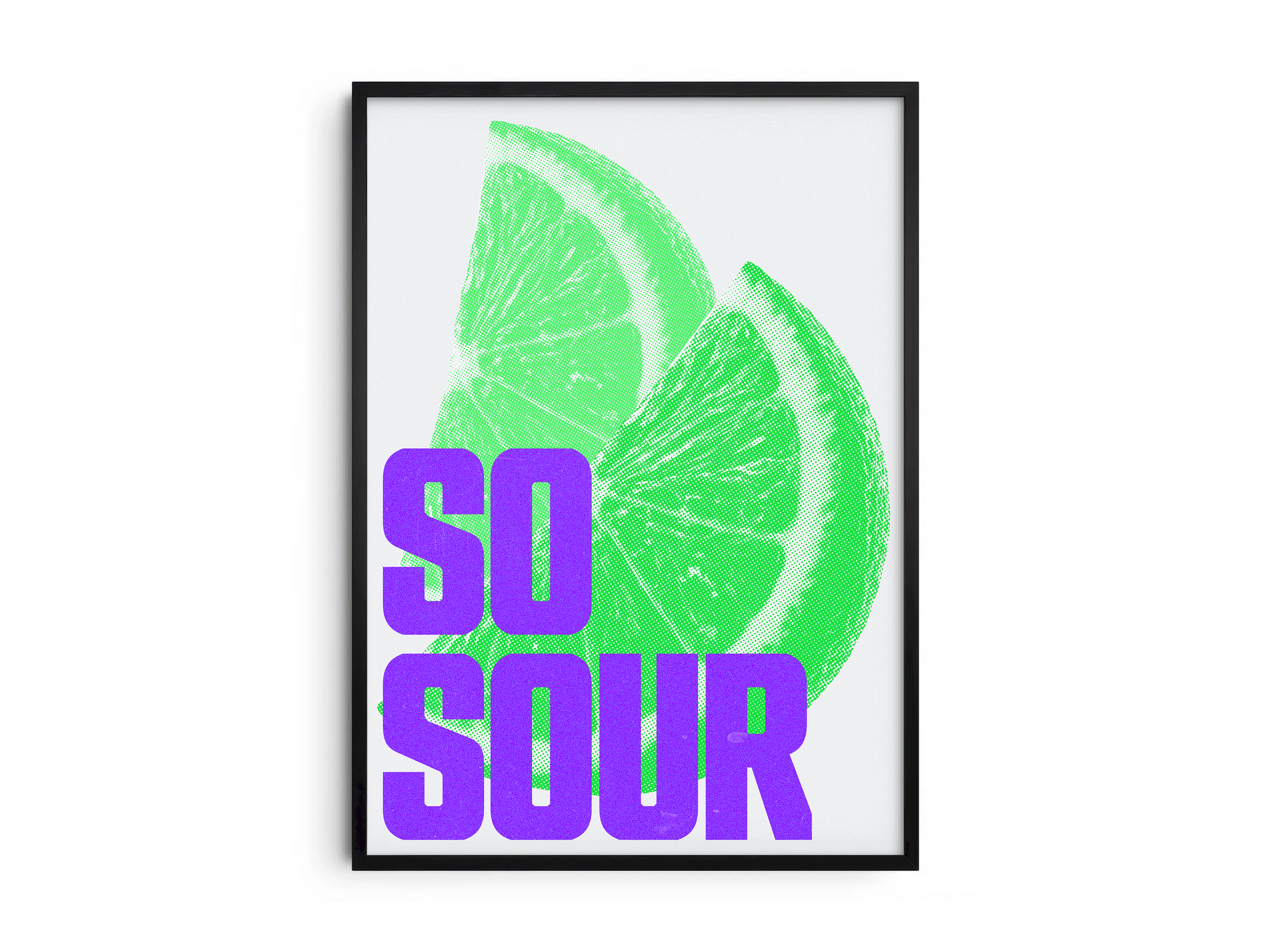 Bold and modern halftone lime poster featuring a vibrant, graphic-style illustration with "So Sour" text, printed on semi-gloss sustainable paper. Perfect wall art for kitchens, bar areas, or modern interiors with a lively and energetic aesthetic.
