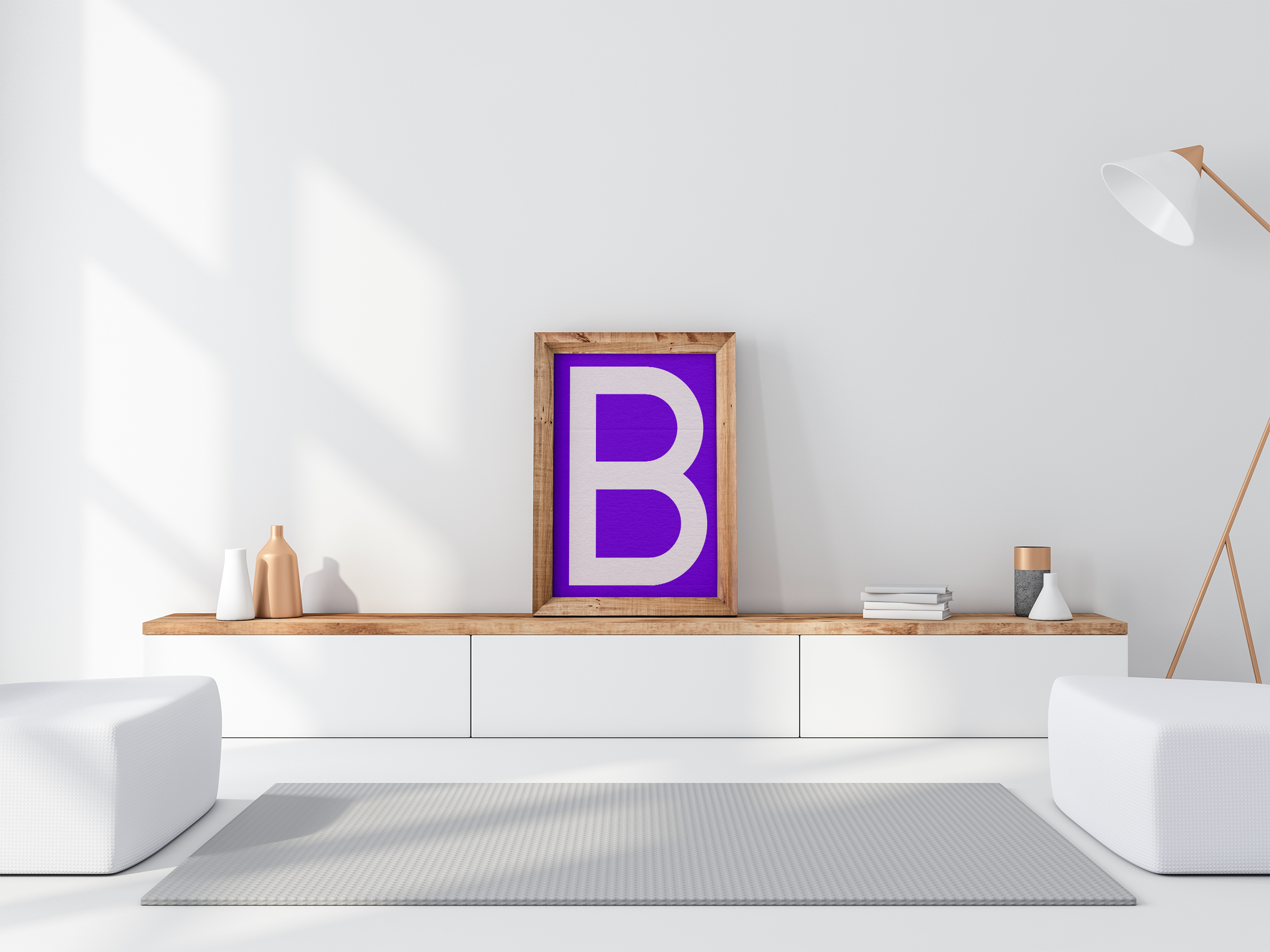 A framed poster featuring a large white letter 'B' on a vibrant purple background, displayed on a wooden shelf in a bright, modern white living room.