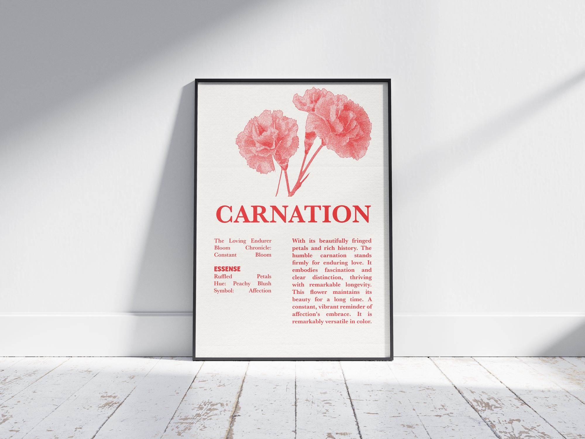 Vintage botanical carnation poster featuring a detailed flower illustration in vibrant red tones, printed on semi-gloss sustainable paper. Perfect wall art for living rooms, bedrooms, or modern interiors with a loving and natural aesthetic.
