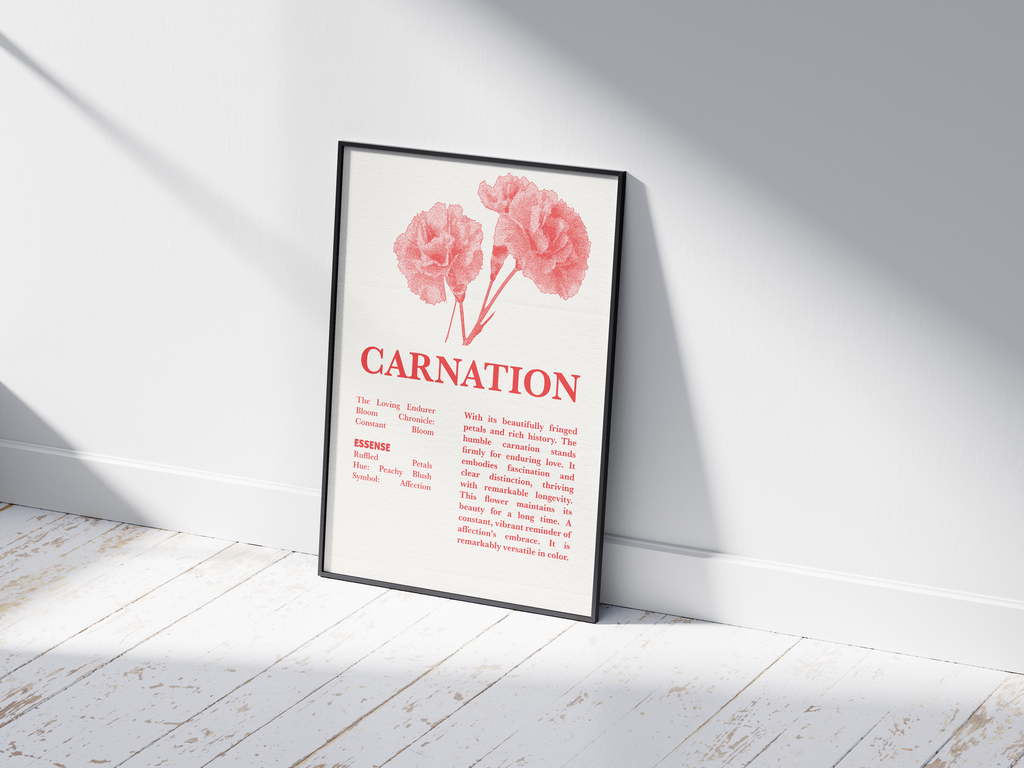 Vintage botanical carnation poster featuring a detailed flower illustration in vibrant red tones, printed on semi-gloss sustainable paper. Perfect wall art for living rooms, bedrooms, or modern interiors with a loving and natural aesthetic.
