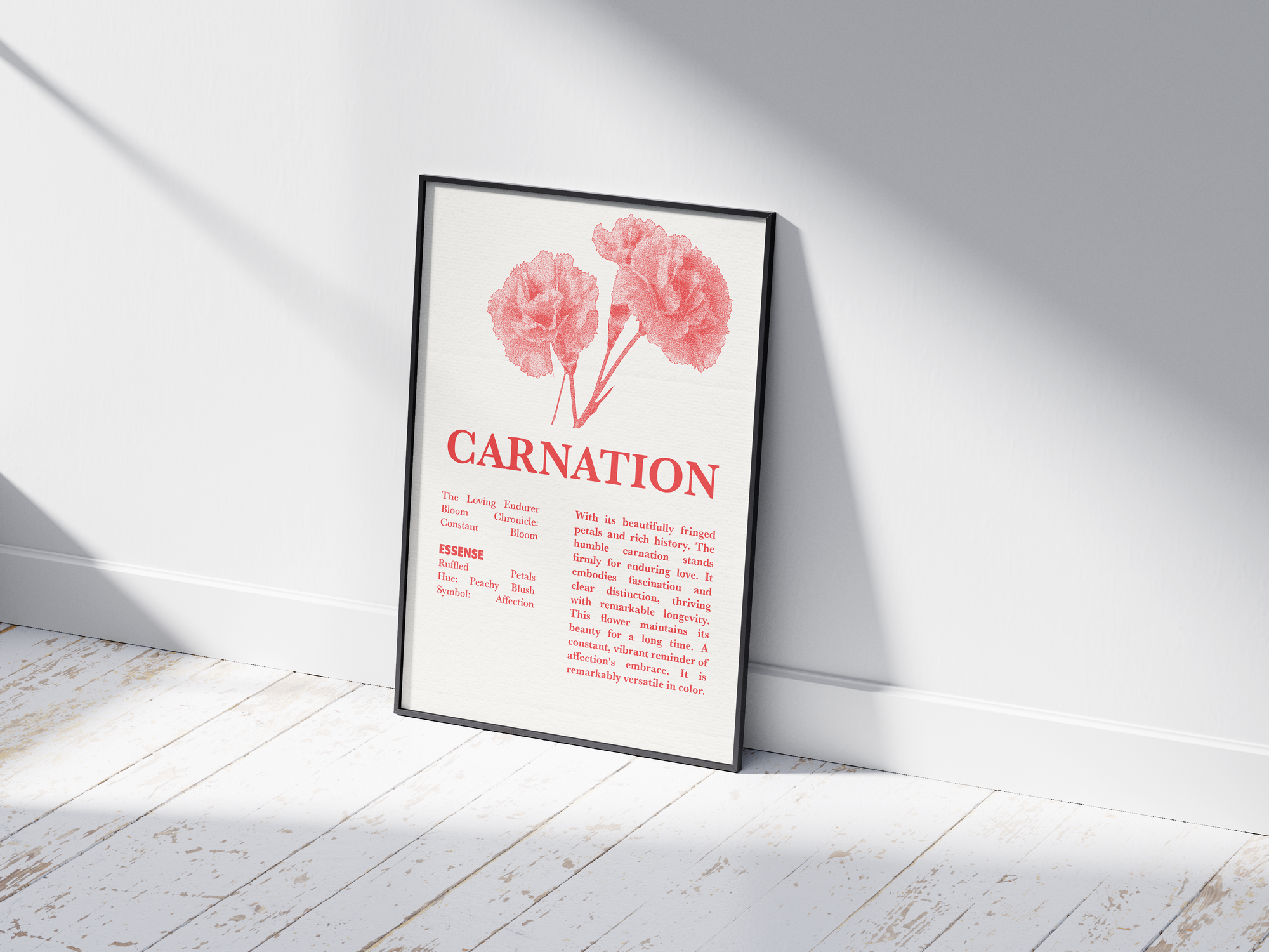 Vintage botanical carnation poster featuring a detailed flower illustration in vibrant red tones, printed on semi-gloss sustainable paper. Perfect wall art for living rooms, bedrooms, or modern interiors with a loving and natural aesthetic.