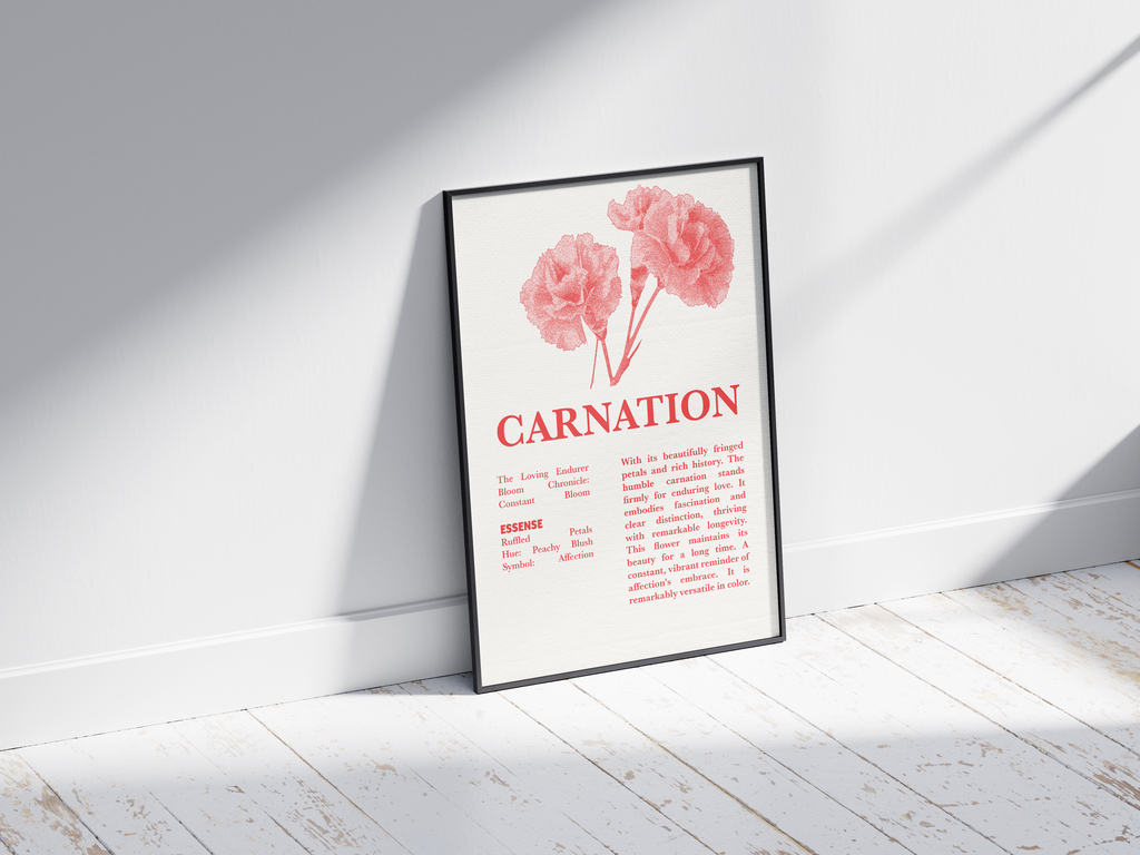 Vintage botanical carnation poster featuring a detailed flower illustration in vibrant red tones, printed on semi-gloss sustainable paper. Perfect wall art for living rooms, bedrooms, or modern interiors with a loving and natural aesthetic.
