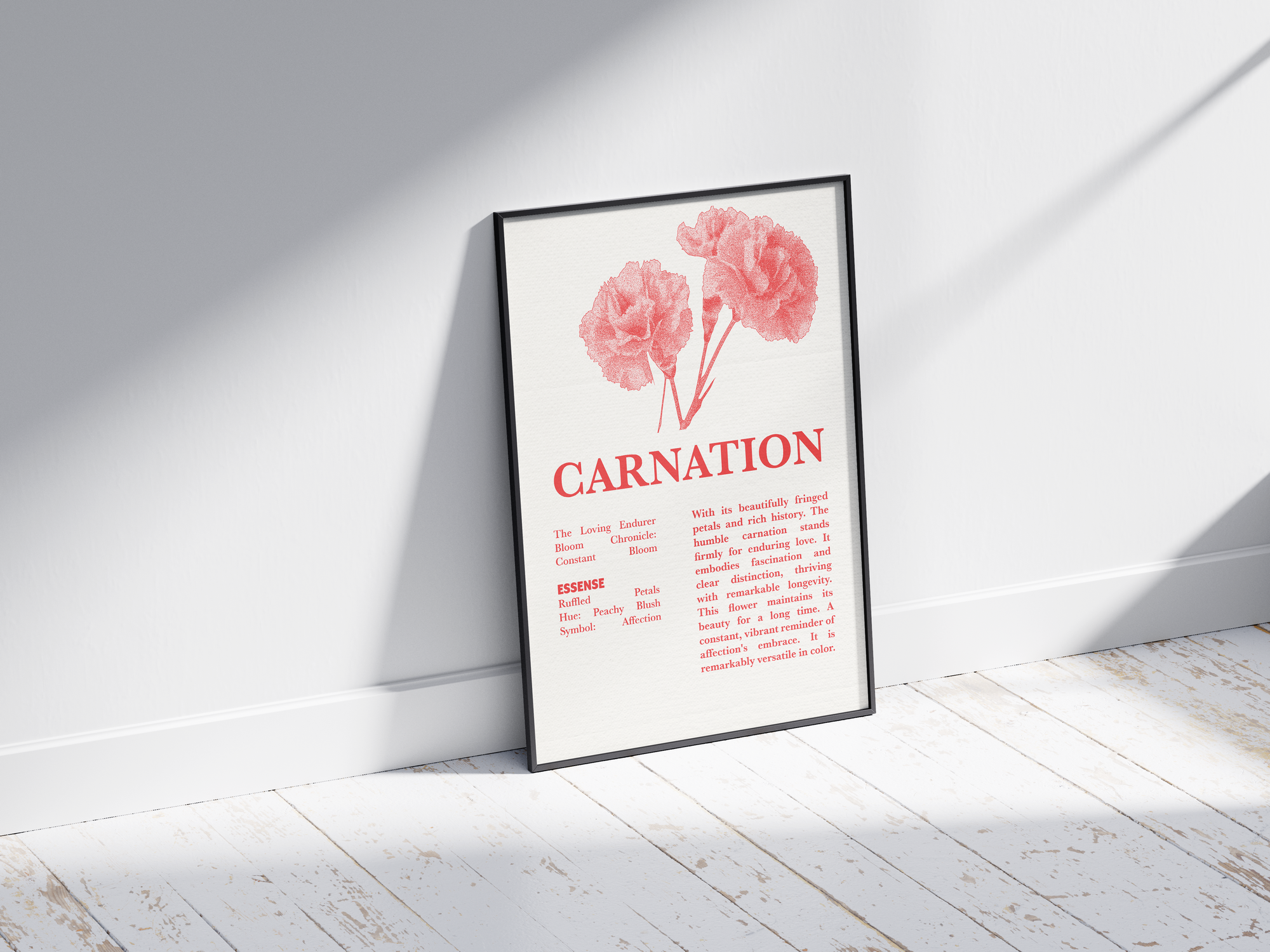Vintage botanical carnation poster featuring a detailed flower illustration in vibrant red tones, printed on semi-gloss sustainable paper. Perfect wall art for living rooms, bedrooms, or modern interiors with a loving and natural aesthetic.