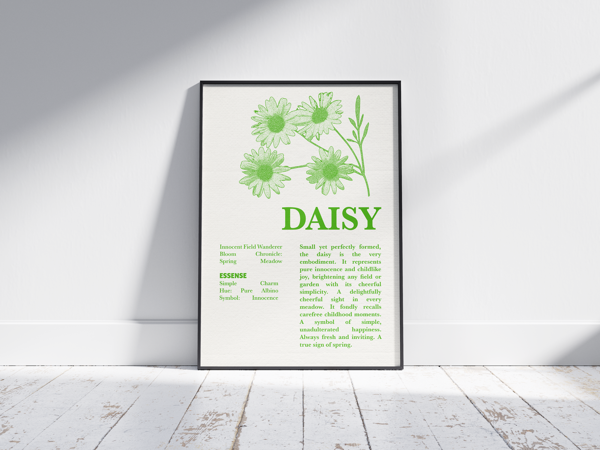 Vintage botanical daisy poster featuring a detailed flower illustration in cheerful green tones, printed on semi-gloss sustainable paper. Perfect wall art for living rooms, bedrooms, or modern interiors with a light and natural aesthetic.