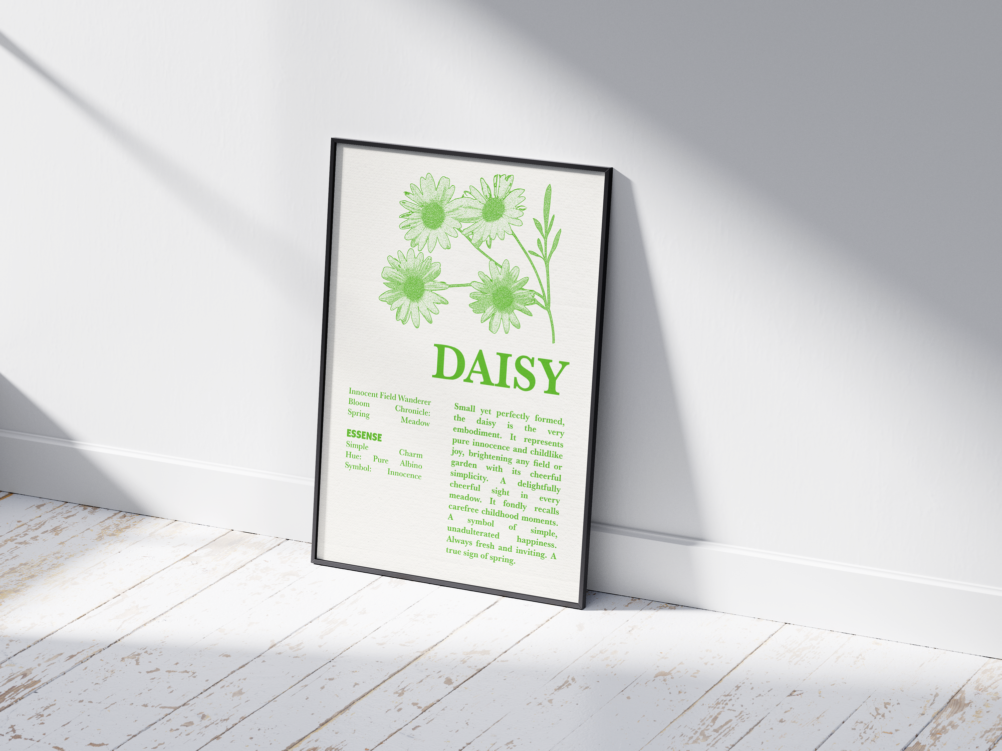 Vintage botanical daisy poster featuring a detailed flower illustration in cheerful green tones, printed on semi-gloss sustainable paper. Perfect wall art for living rooms, bedrooms, or modern interiors with a light and natural aesthetic.
