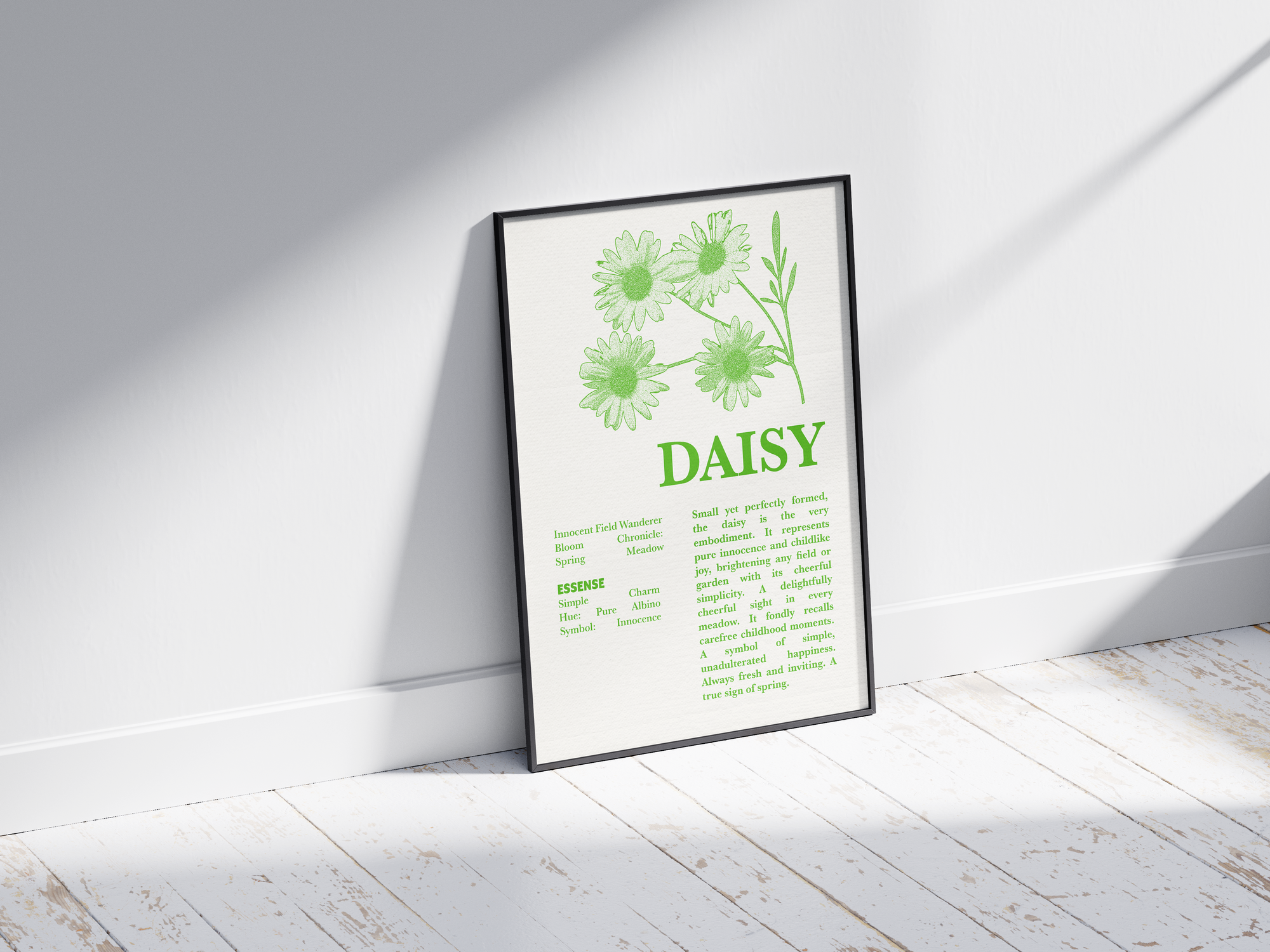 Vintage botanical daisy poster featuring a detailed flower illustration in cheerful green tones, printed on semi-gloss sustainable paper. Perfect wall art for living rooms, bedrooms, or modern interiors with a light and natural aesthetic.