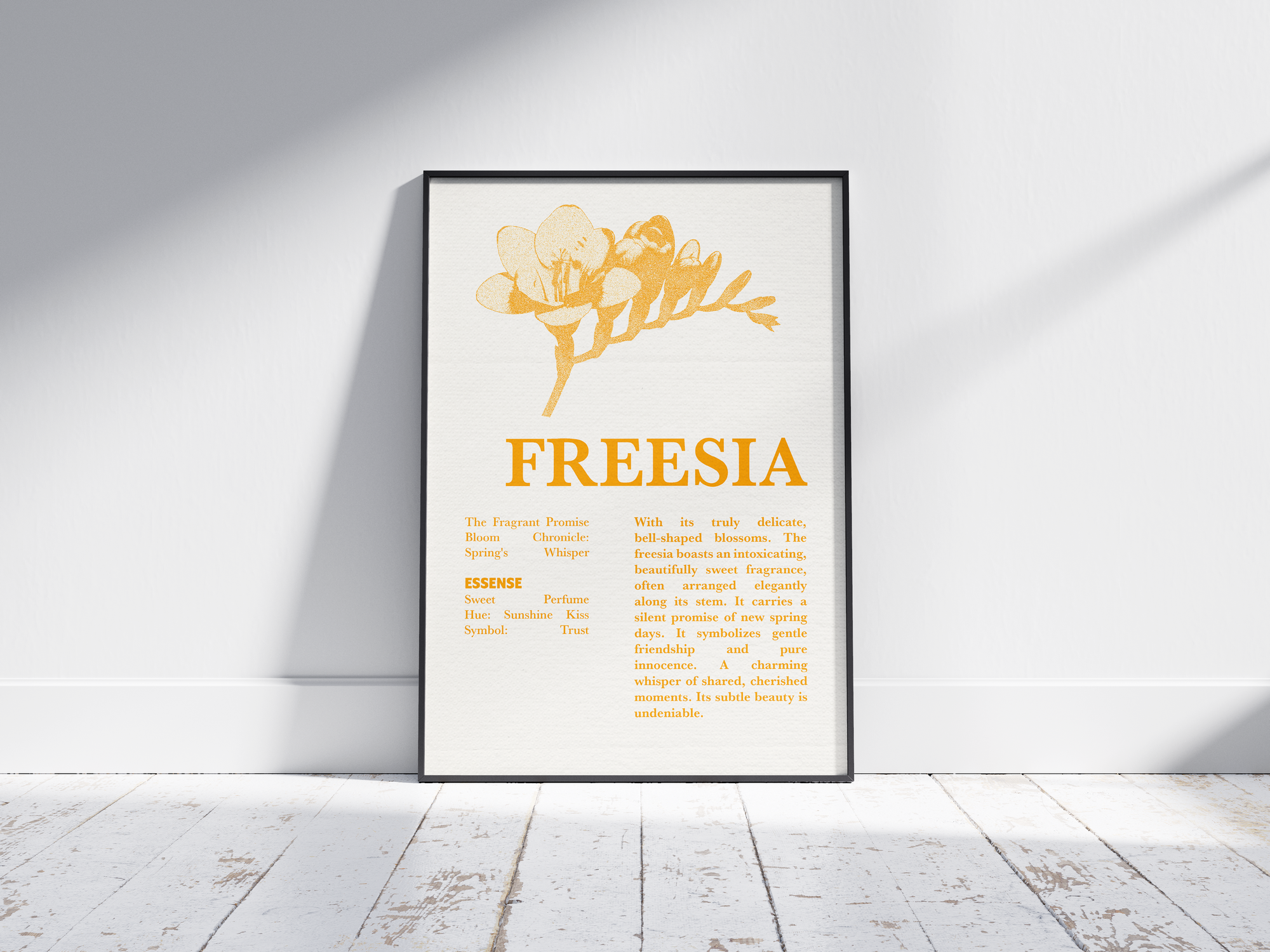 Vintage botanical freesia poster featuring a detailed flower illustration in cheerful yellow tones, printed on semi-gloss sustainable paper. Perfect wall art for living rooms, hallways, or modern interiors with a loving and natural aesthetic.