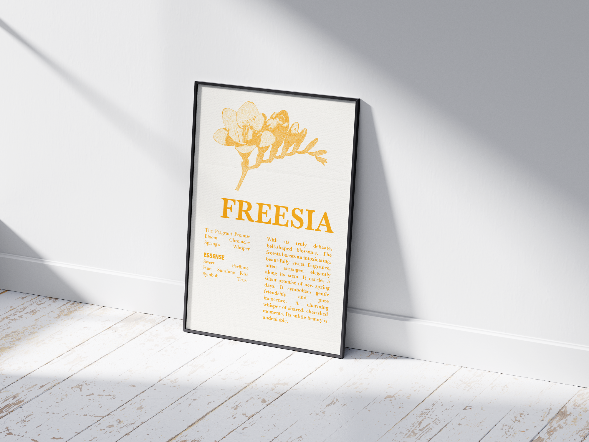 Vintage botanical freesia poster featuring a detailed flower illustration in cheerful yellow tones, printed on semi-gloss sustainable paper. Perfect wall art for living rooms, hallways, or modern interiors with a loving and natural aesthetic.