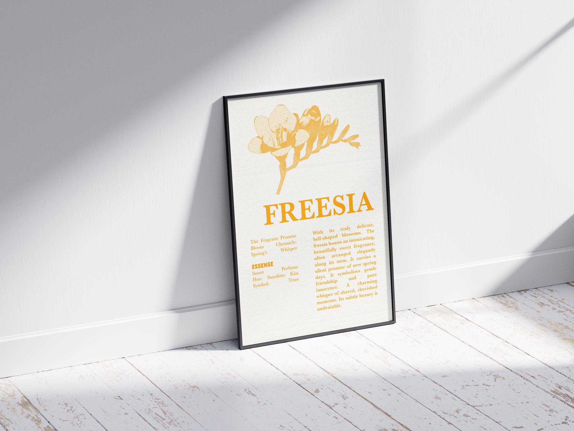 Vintage botanical freesia poster featuring a detailed flower illustration in cheerful yellow tones, printed on semi-gloss sustainable paper. Perfect wall art for living rooms, hallways, or modern interiors with a loving and natural aesthetic.