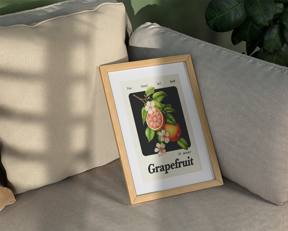 A charming vintage botanical art print showcasing a vibrant grapefruit branch with ripe fruit and delicate white blossoms, with the word "Grapefruit" below. Excellent for kitchen, dining room, or refreshing bedroom decor. The light wood framed print is casually resting on a cozy gray sofa among large, neutral-toned pillows, creating a relaxed and inviting atmosphere.