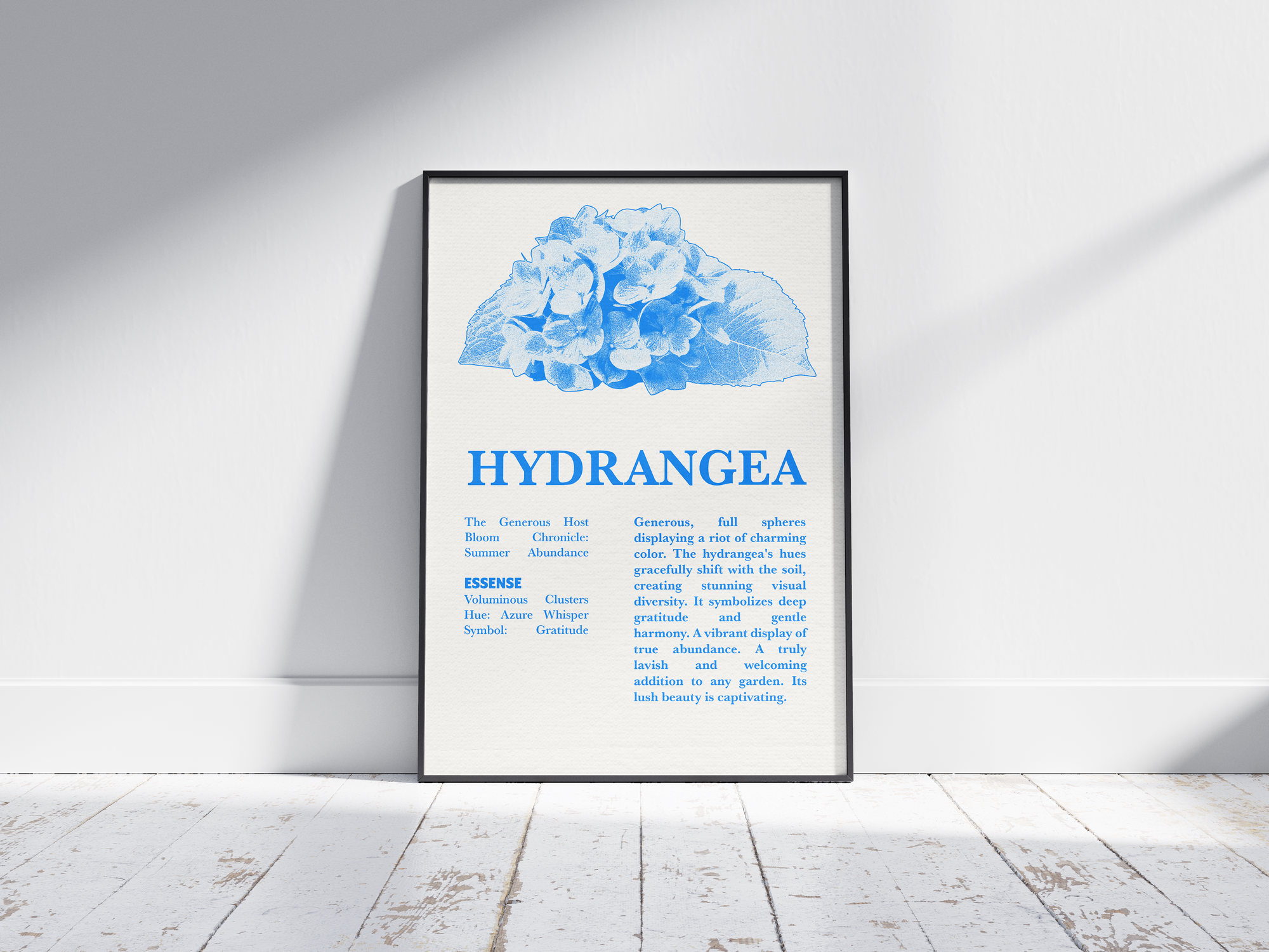 Vintage botanical hydrangea poster featuring a detailed flower illustration in soft blue tones, printed on semi-gloss sustainable paper. Perfect wall art for living rooms, dining areas, or modern interiors with a heartfelt and natural aesthetic.