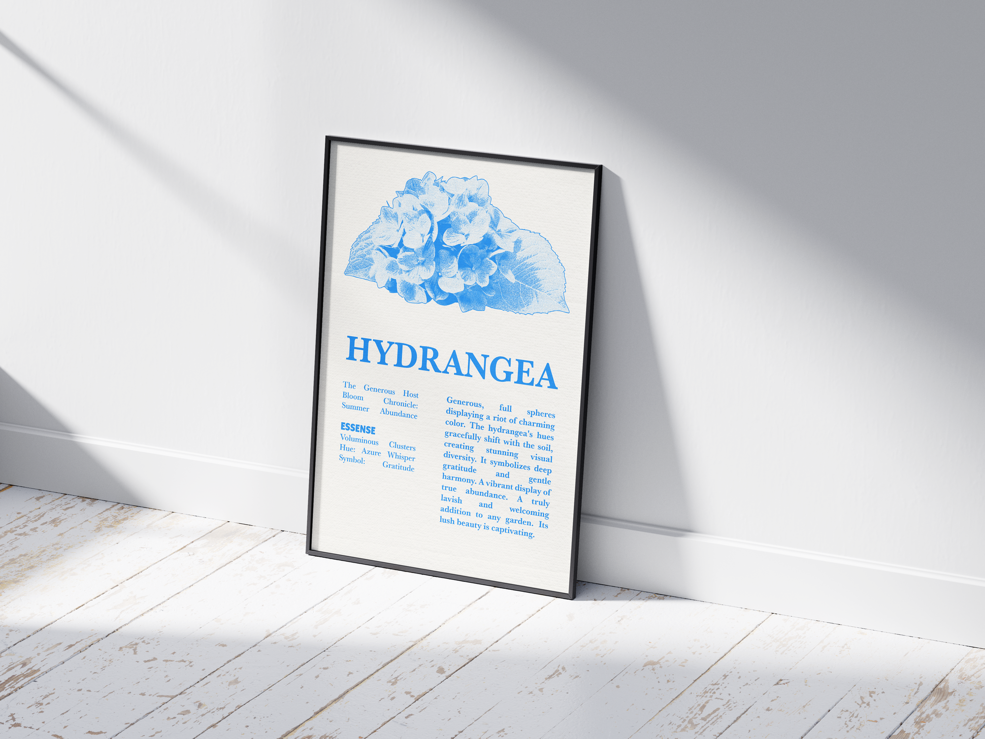 Vintage botanical hydrangea poster featuring a detailed flower illustration in soft blue tones, printed on semi-gloss sustainable paper. Perfect wall art for living rooms, dining areas, or modern interiors with a heartfelt and natural aesthetic.