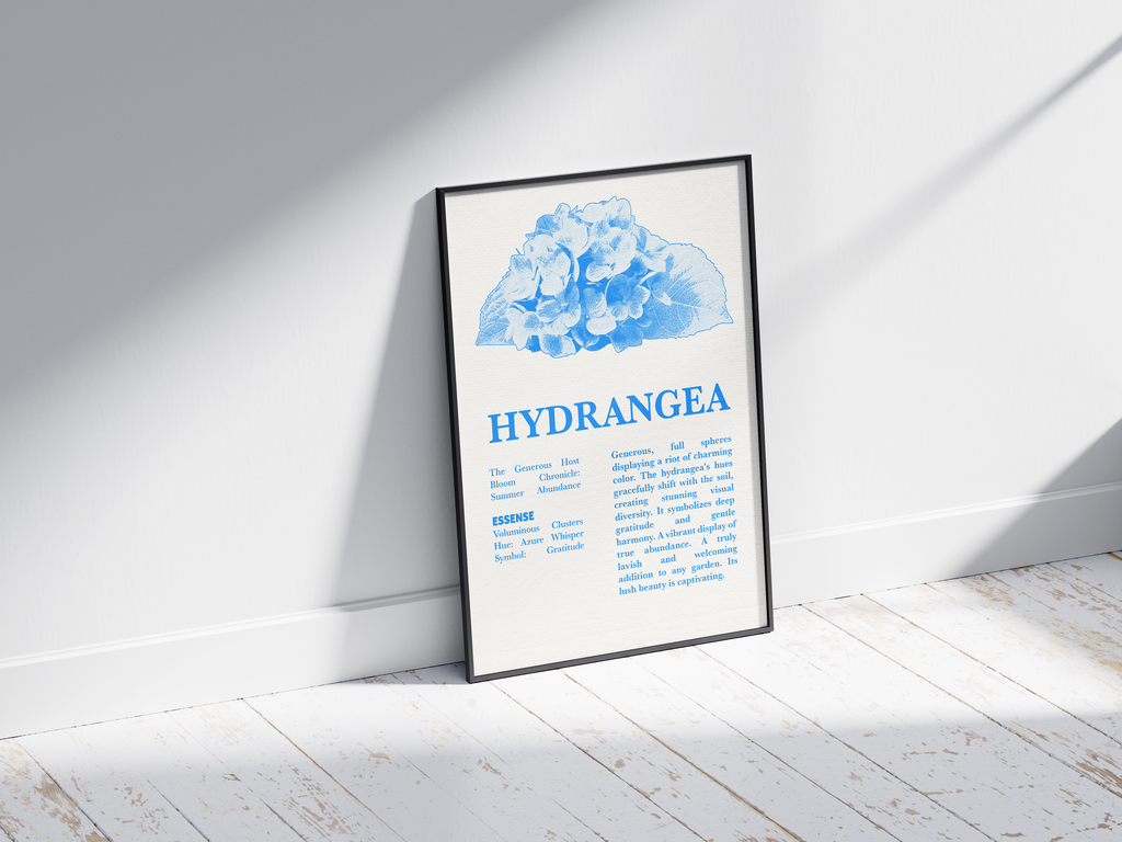 Vintage botanical hydrangea poster featuring a detailed flower illustration in soft blue tones, printed on semi-gloss sustainable paper. Perfect wall art for living rooms, dining areas, or modern interiors with a heartfelt and natural aesthetic.