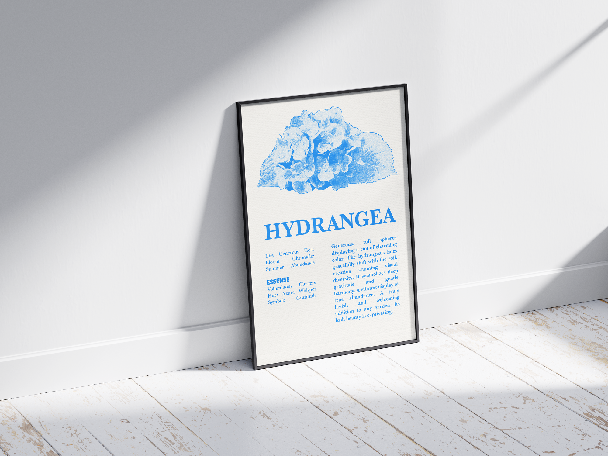 Vintage botanical hydrangea poster featuring a detailed flower illustration in soft blue tones, printed on semi-gloss sustainable paper. Perfect wall art for living rooms, dining areas, or modern interiors with a heartfelt and natural aesthetic.