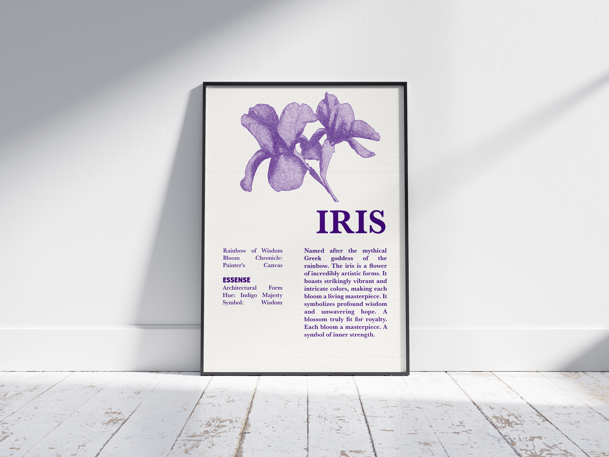 Vintage botanical iris poster featuring a detailed flower illustration in soft purple tones, printed on semi-gloss sustainable paper. Perfect wall art for living rooms, hallways, or modern interiors with a dignified and natural aesthetic.