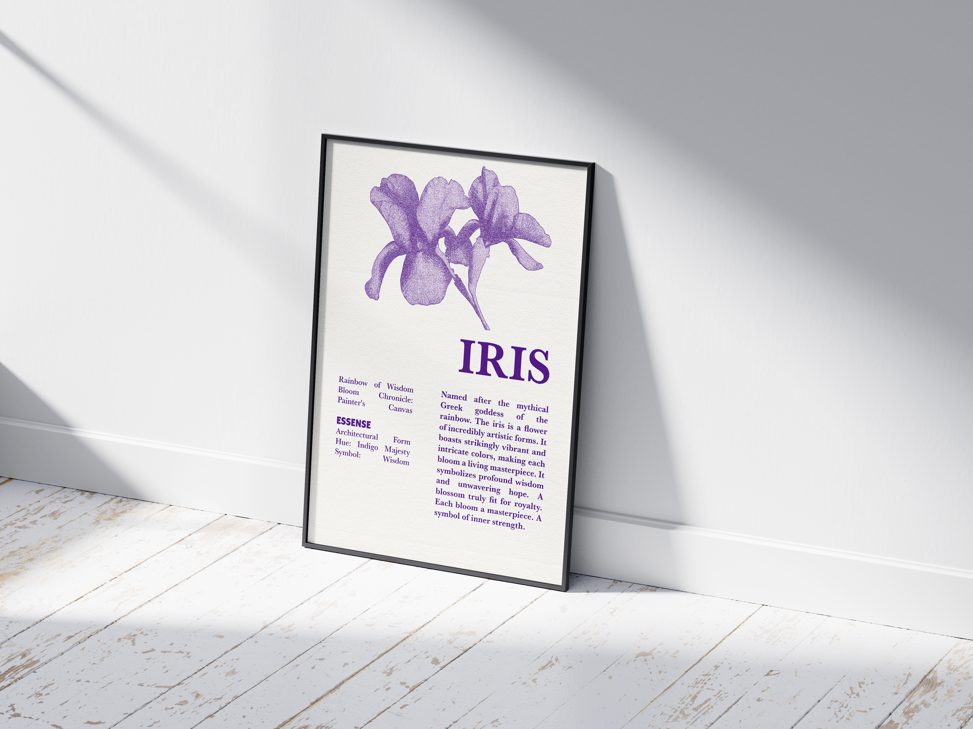 Vintage botanical iris poster featuring a detailed flower illustration in soft purple tones, printed on semi-gloss sustainable paper. Perfect wall art for living rooms, hallways, or modern interiors with a dignified and natural aesthetic.