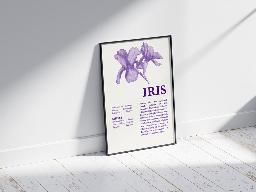 Vintage botanical iris poster featuring a detailed flower illustration in soft purple tones, printed on semi-gloss sustainable paper. Perfect wall art for living rooms, hallways, or modern interiors with a dignified and natural aesthetic.