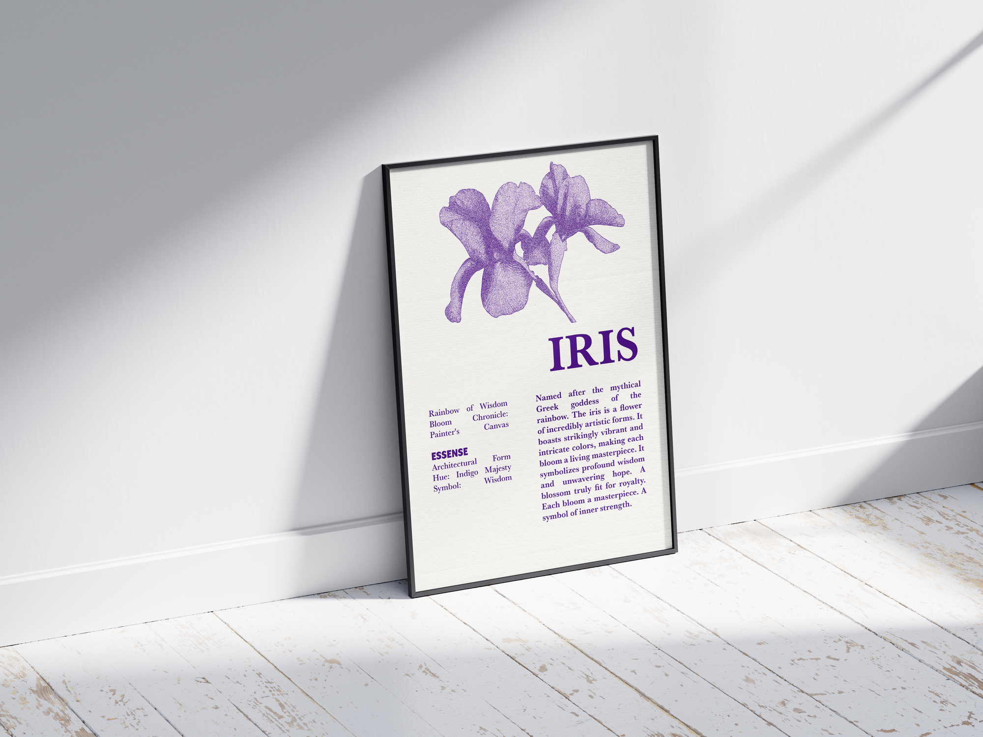 Vintage botanical iris poster featuring a detailed flower illustration in soft purple tones, printed on semi-gloss sustainable paper. Perfect wall art for living rooms, hallways, or modern interiors with a dignified and natural aesthetic.