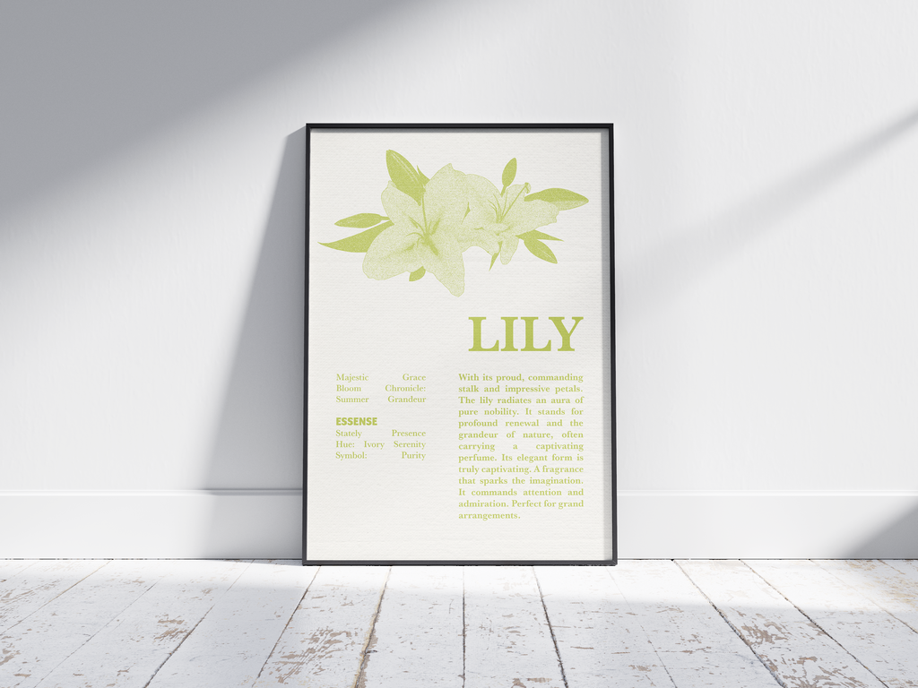 Vintage botanical lily poster featuring a detailed flower illustration in soft white tones, printed on semi-gloss sustainable paper. Perfect wall art for living rooms, bedrooms, or modern interiors with a pure and natural aesthetic.