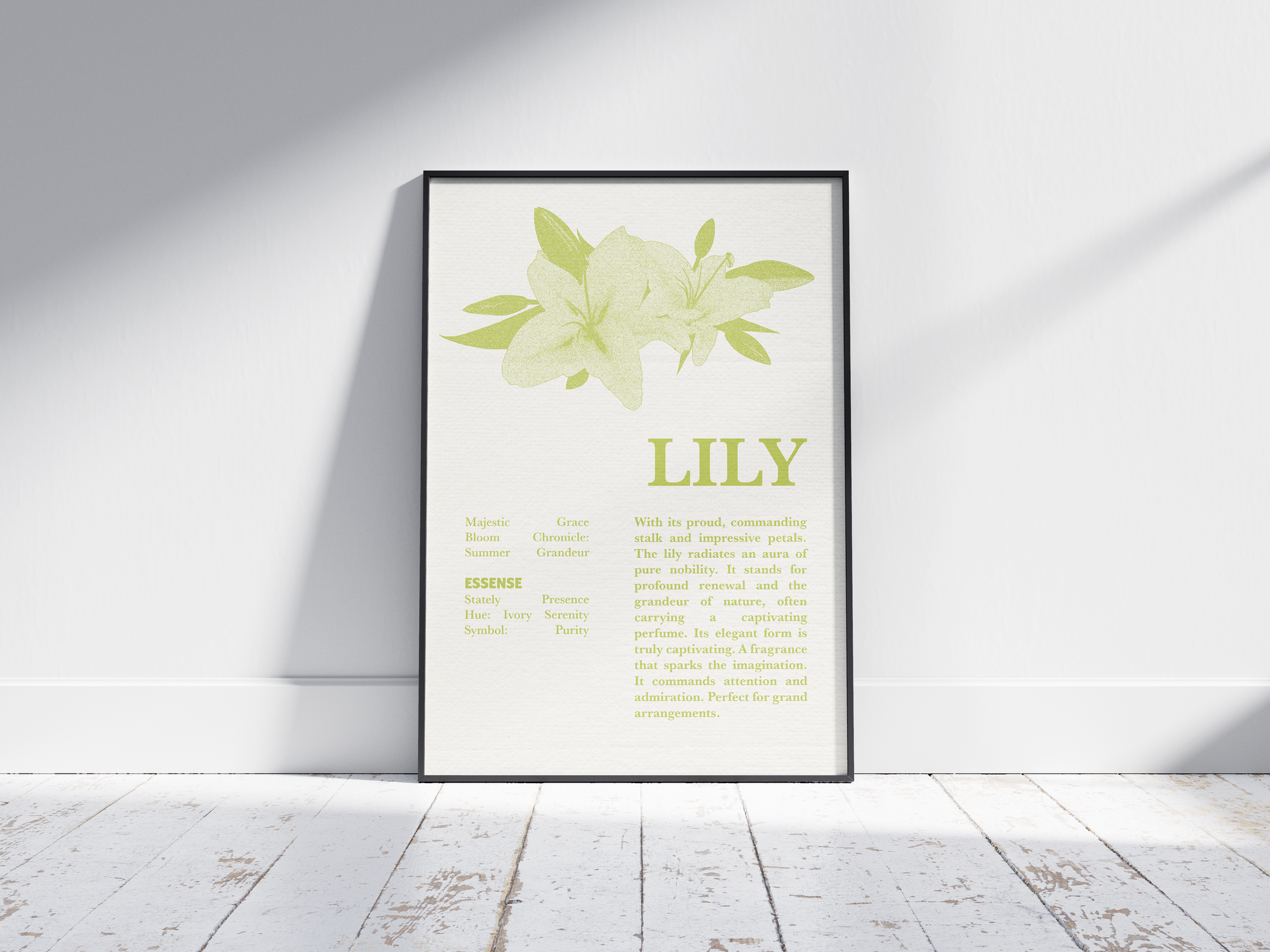 Vintage botanical lily poster featuring a detailed flower illustration in soft white tones, printed on semi-gloss sustainable paper. Perfect wall art for living rooms, bedrooms, or modern interiors with a pure and natural aesthetic.