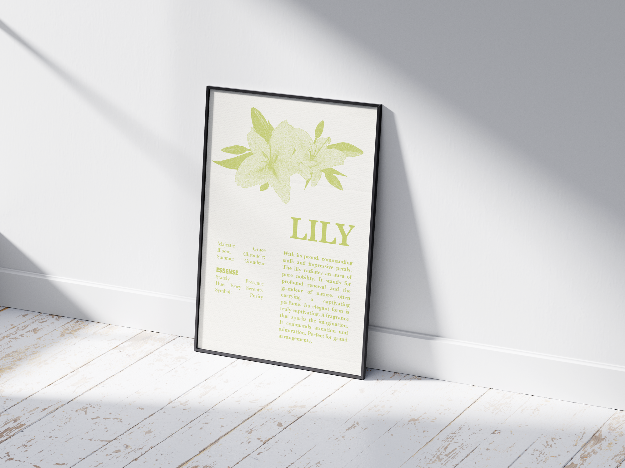 Vintage botanical lily poster featuring a detailed flower illustration in soft white tones, printed on semi-gloss sustainable paper. Perfect wall art for living rooms, bedrooms, or modern interiors with a pure and natural aesthetic.