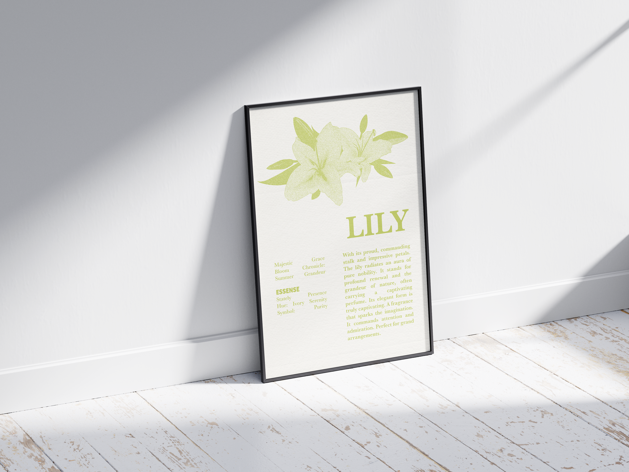 Vintage botanical lily poster featuring a detailed flower illustration in soft white tones, printed on semi-gloss sustainable paper. Perfect wall art for living rooms, bedrooms, or modern interiors with a pure and natural aesthetic.