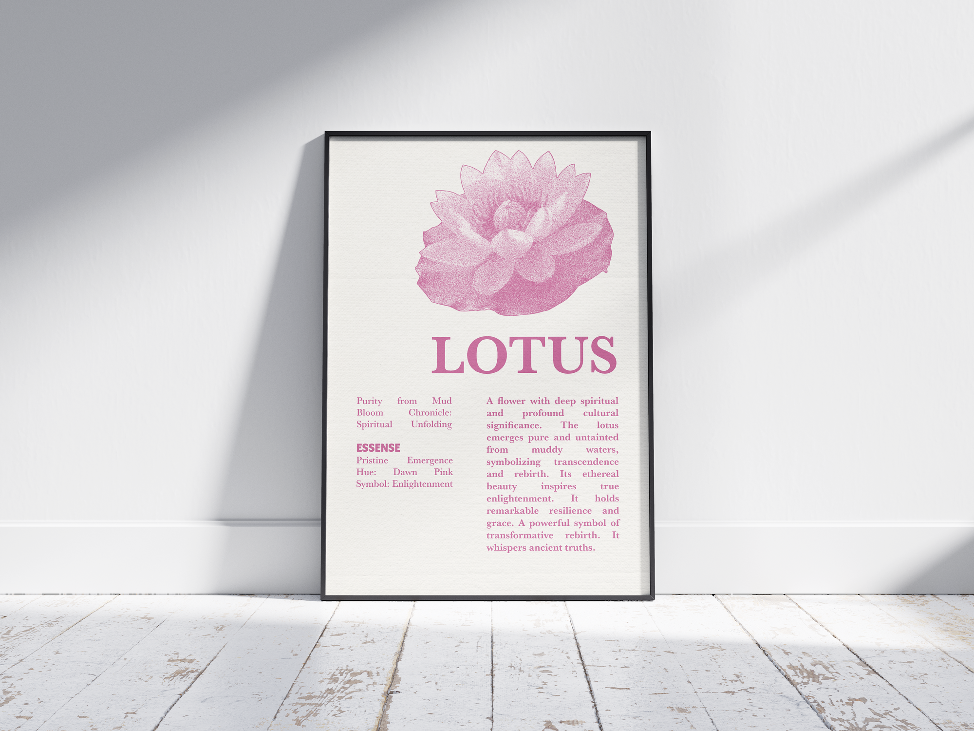 Vintage botanical lotus poster featuring a detailed flower illustration in soft pink tones, printed on semi-gloss sustainable paper. Perfect wall art for living rooms, meditation spaces, or modern interiors with a spiritual and natural aesthetic.