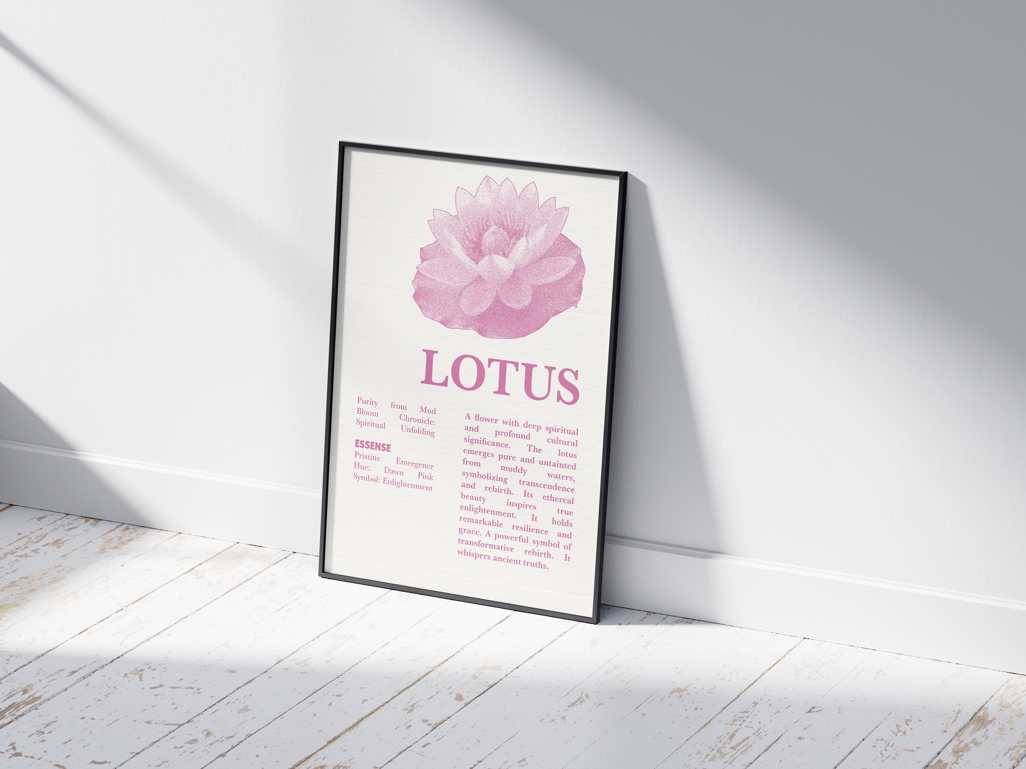 Vintage botanical lotus poster featuring a detailed flower illustration in soft pink tones, printed on semi-gloss sustainable paper. Perfect wall art for living rooms, meditation spaces, or modern interiors with a spiritual and natural aesthetic.