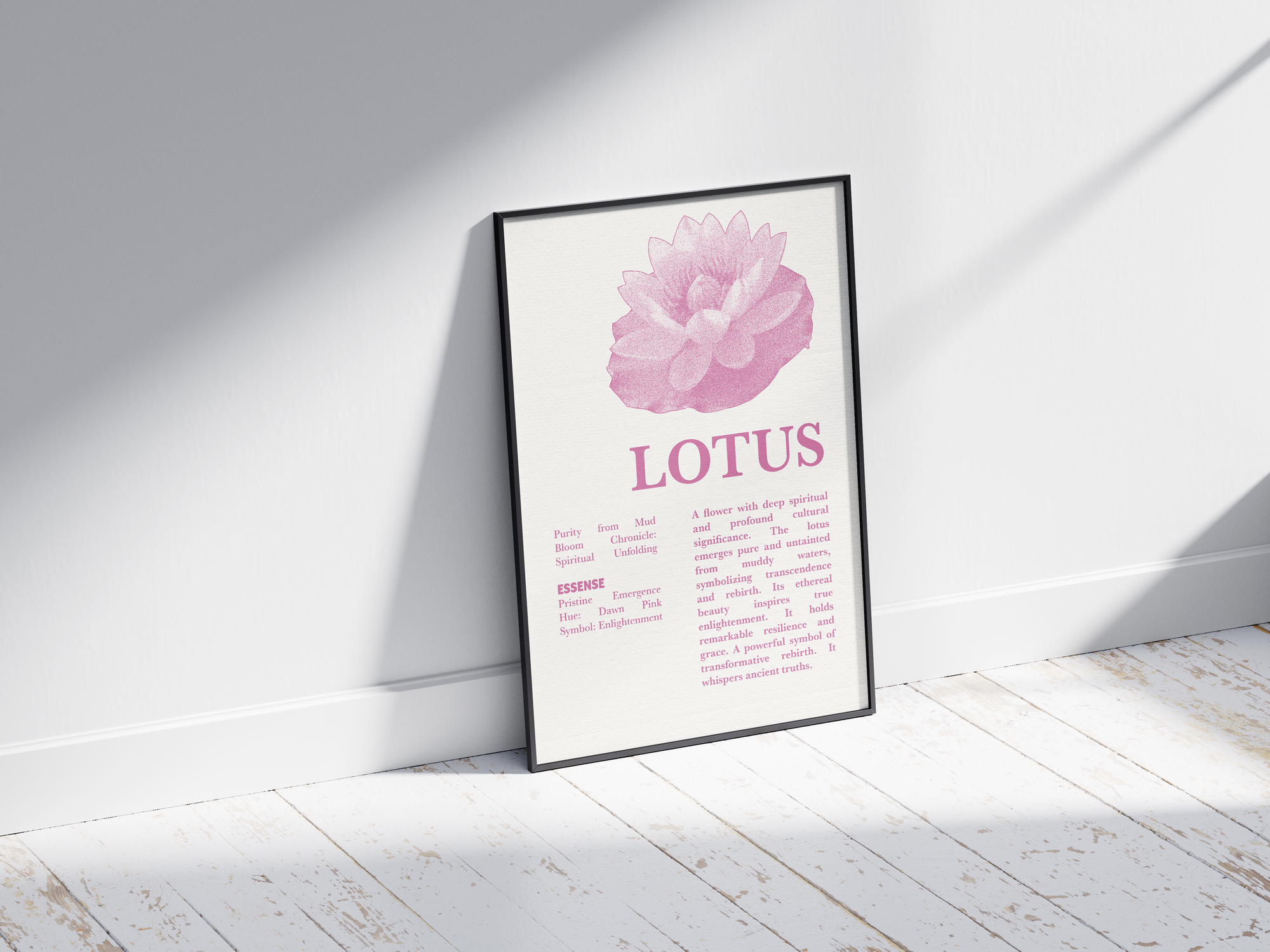 Vintage botanical lotus poster featuring a detailed flower illustration in soft pink tones, printed on semi-gloss sustainable paper. Perfect wall art for living rooms, meditation spaces, or modern interiors with a spiritual and natural aesthetic.