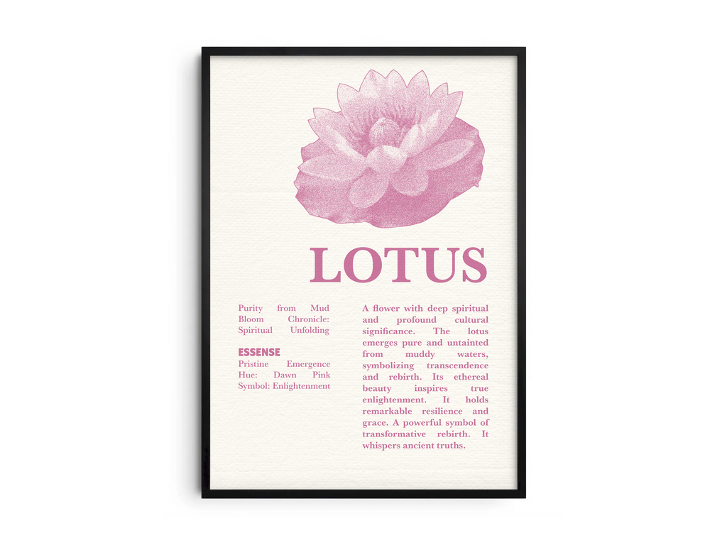 Vintage botanical lotus poster featuring a detailed flower illustration in soft pink tones, printed on semi-gloss sustainable paper. Perfect wall art for living rooms, meditation spaces, or modern interiors with a spiritual and natural aesthetic.