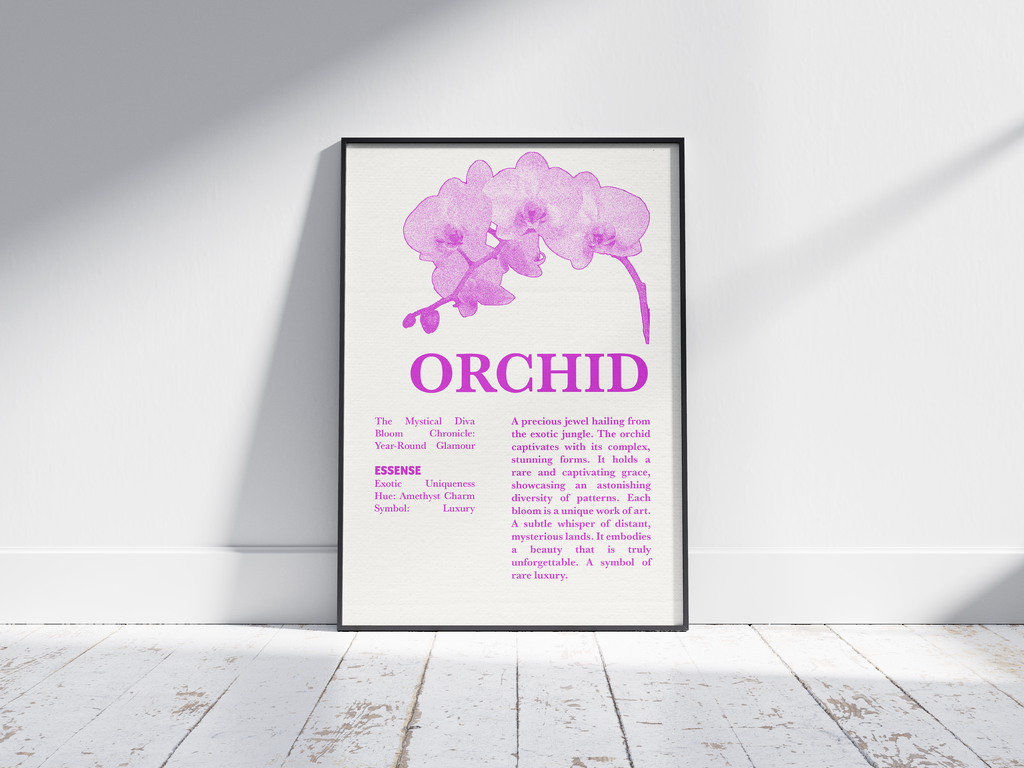 Vintage botanical orchid poster featuring a detailed flower illustration in soft white tones, printed on semi-gloss sustainable paper. Perfect wall art for living rooms, bedrooms, or modern interiors with an elegant and natural aesthetic.