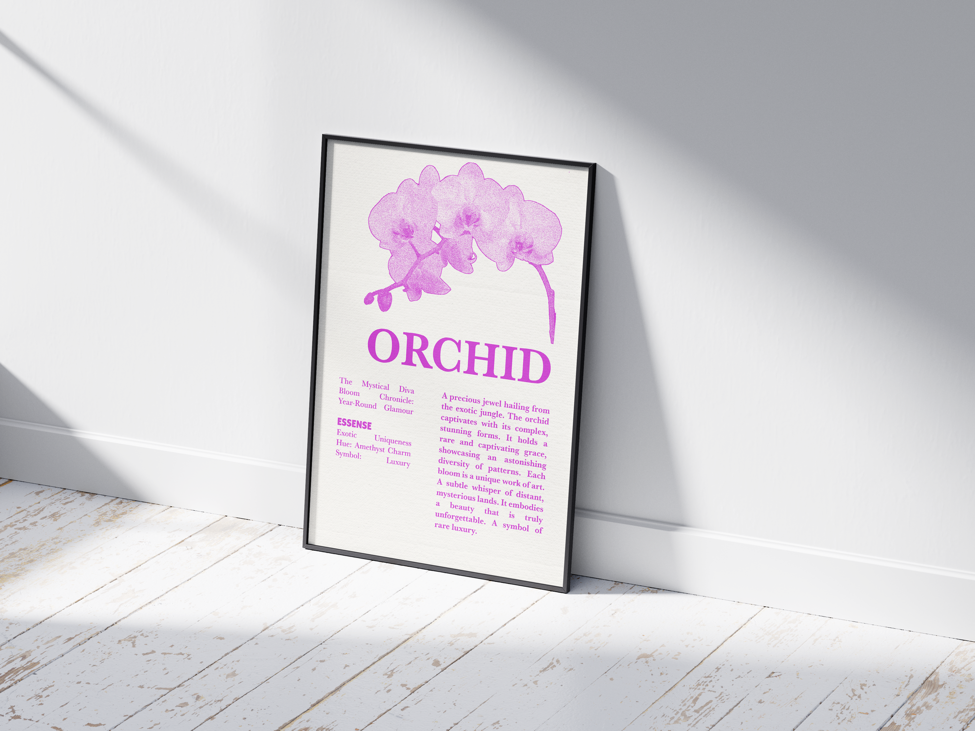 Vintage botanical orchid poster featuring a detailed flower illustration in soft white tones, printed on semi-gloss sustainable paper. Perfect wall art for living rooms, bedrooms, or modern interiors with an elegant and natural aesthetic.