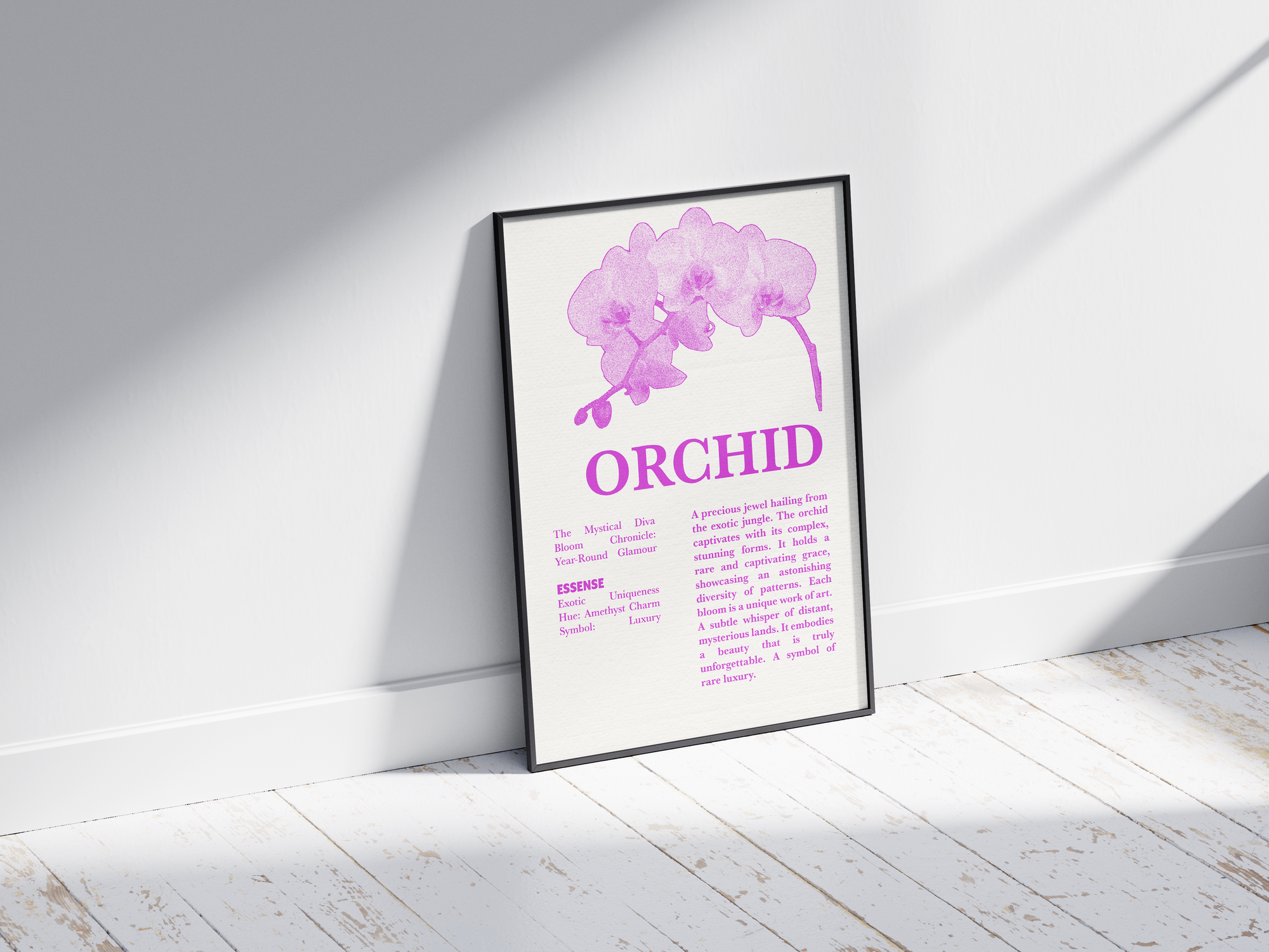 Vintage botanical orchid poster featuring a detailed flower illustration in soft white tones, printed on semi-gloss sustainable paper. Perfect wall art for living rooms, bedrooms, or modern interiors with an elegant and natural aesthetic.