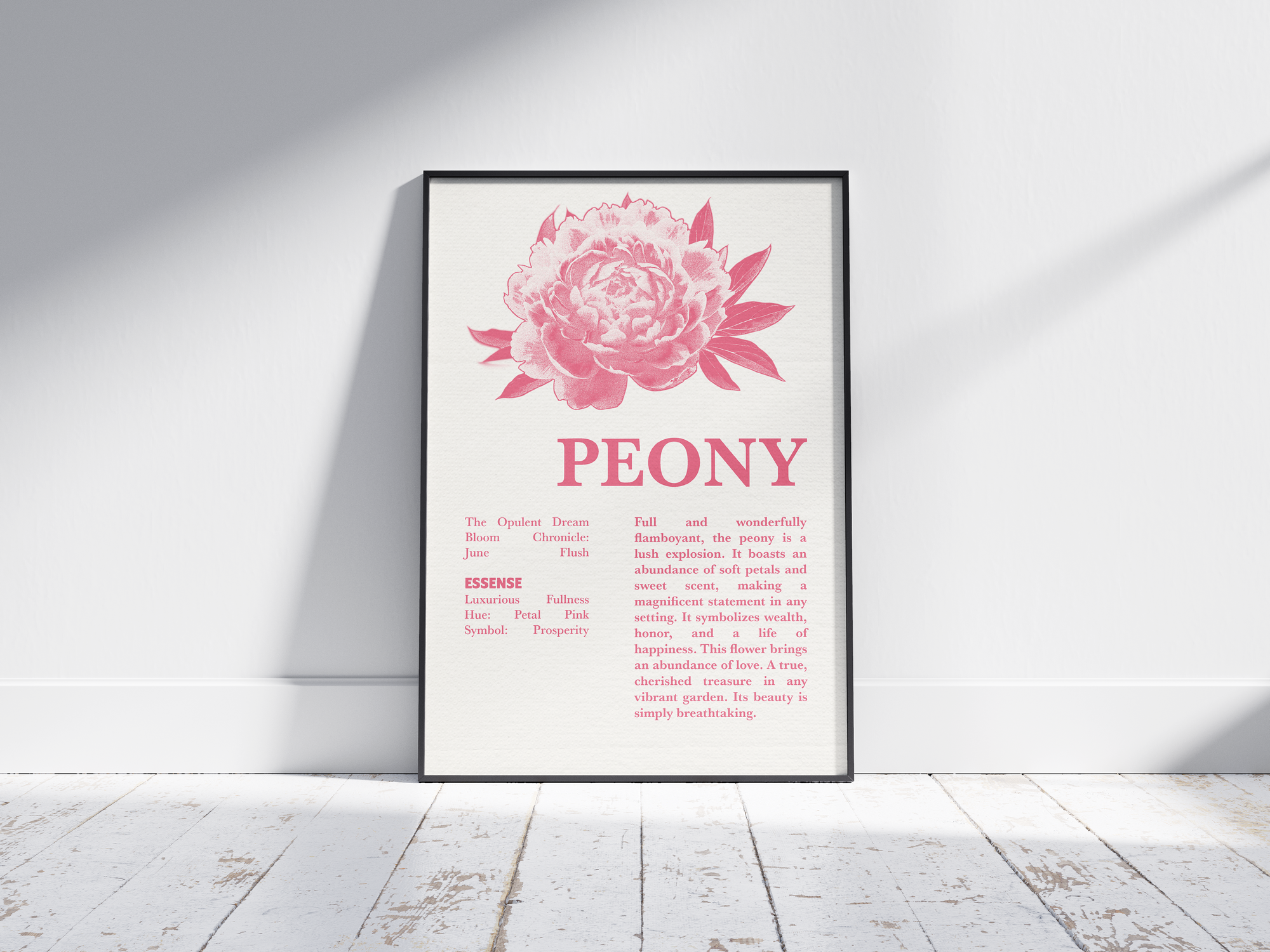 Vintage botanical peony poster featuring a detailed flower illustration in soft pink tones, printed on semi-gloss sustainable paper. Perfect wall art for living rooms, bedrooms, or modern interiors with a romantic and natural aesthetic.