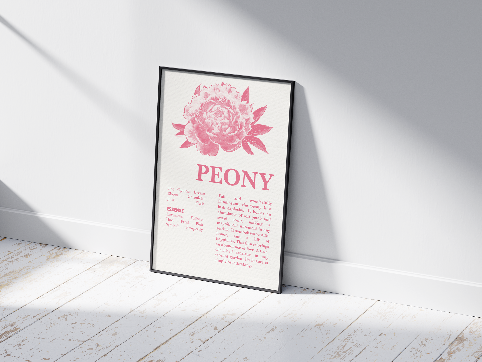 Vintage botanical peony poster featuring a detailed flower illustration in soft pink tones, printed on semi-gloss sustainable paper. Perfect wall art for living rooms, bedrooms, or modern interiors with a romantic and natural aesthetic.