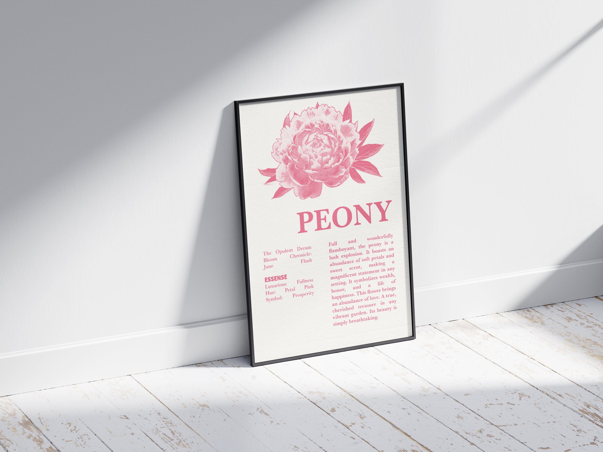 Vintage botanical peony poster featuring a detailed flower illustration in soft pink tones, printed on semi-gloss sustainable paper. Perfect wall art for living rooms, bedrooms, or modern interiors with a romantic and natural aesthetic.
