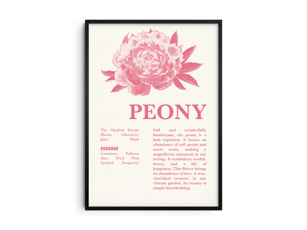 Vintage botanical peony poster featuring a detailed flower illustration in soft pink tones, printed on semi-gloss sustainable paper. Perfect wall art for living rooms, bedrooms, or modern interiors with a romantic and natural aesthetic.