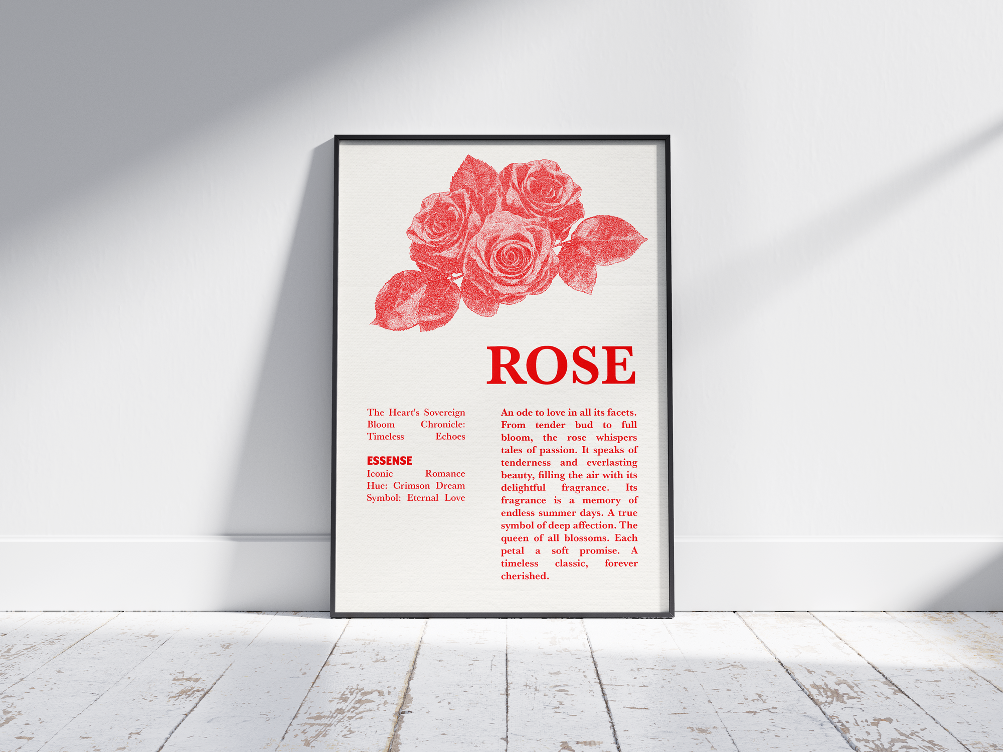 Vintage botanical rose poster featuring a detailed flower illustration in soft red tones, printed on semi-gloss sustainable paper. Perfect wall art for living rooms, bedrooms, or modern interiors with a romantic and natural aesthetic.