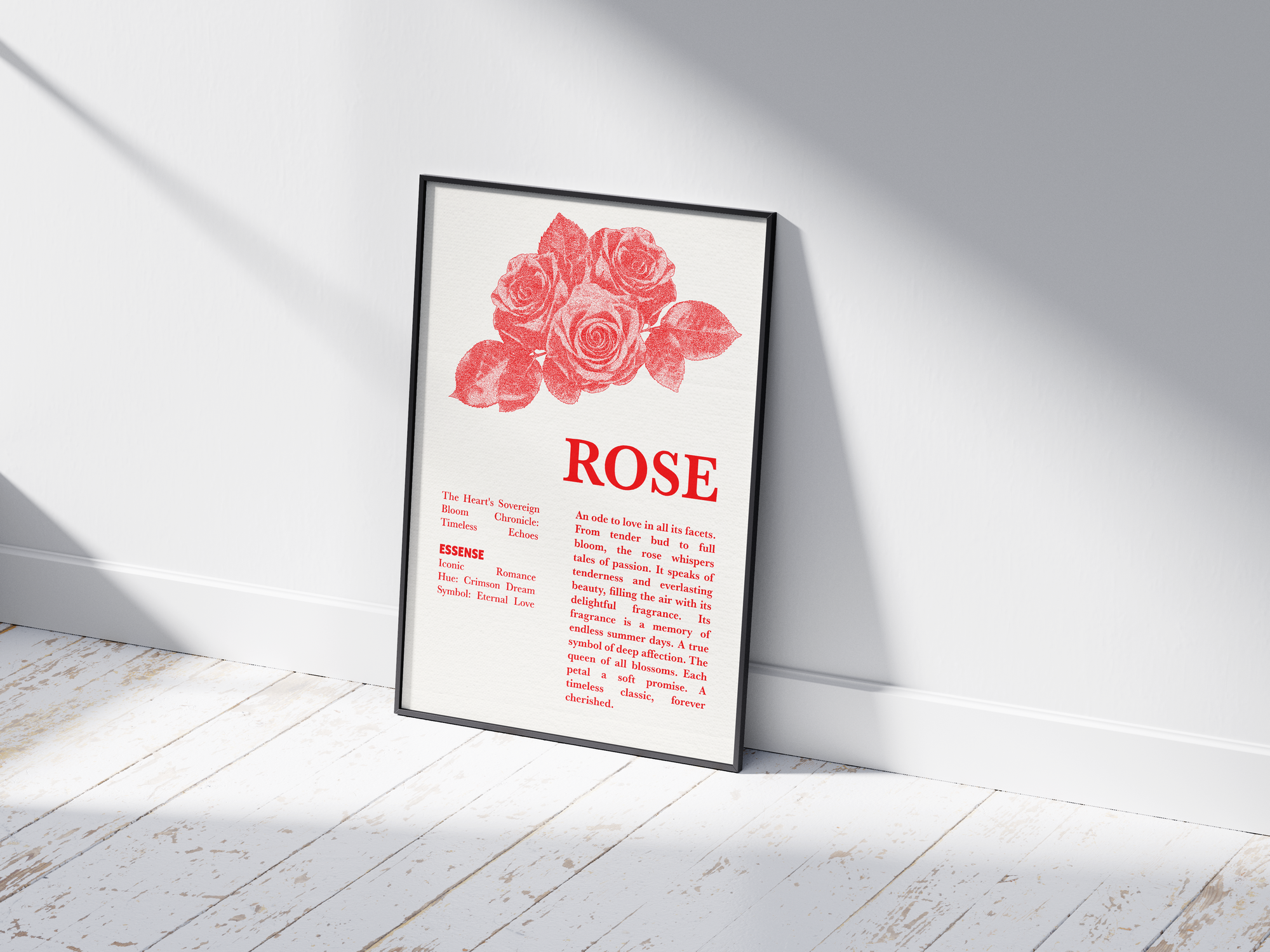 Vintage botanical rose poster featuring a detailed flower illustration in soft red tones, printed on semi-gloss sustainable paper. Perfect wall art for living rooms, bedrooms, or modern interiors with a romantic and natural aesthetic.