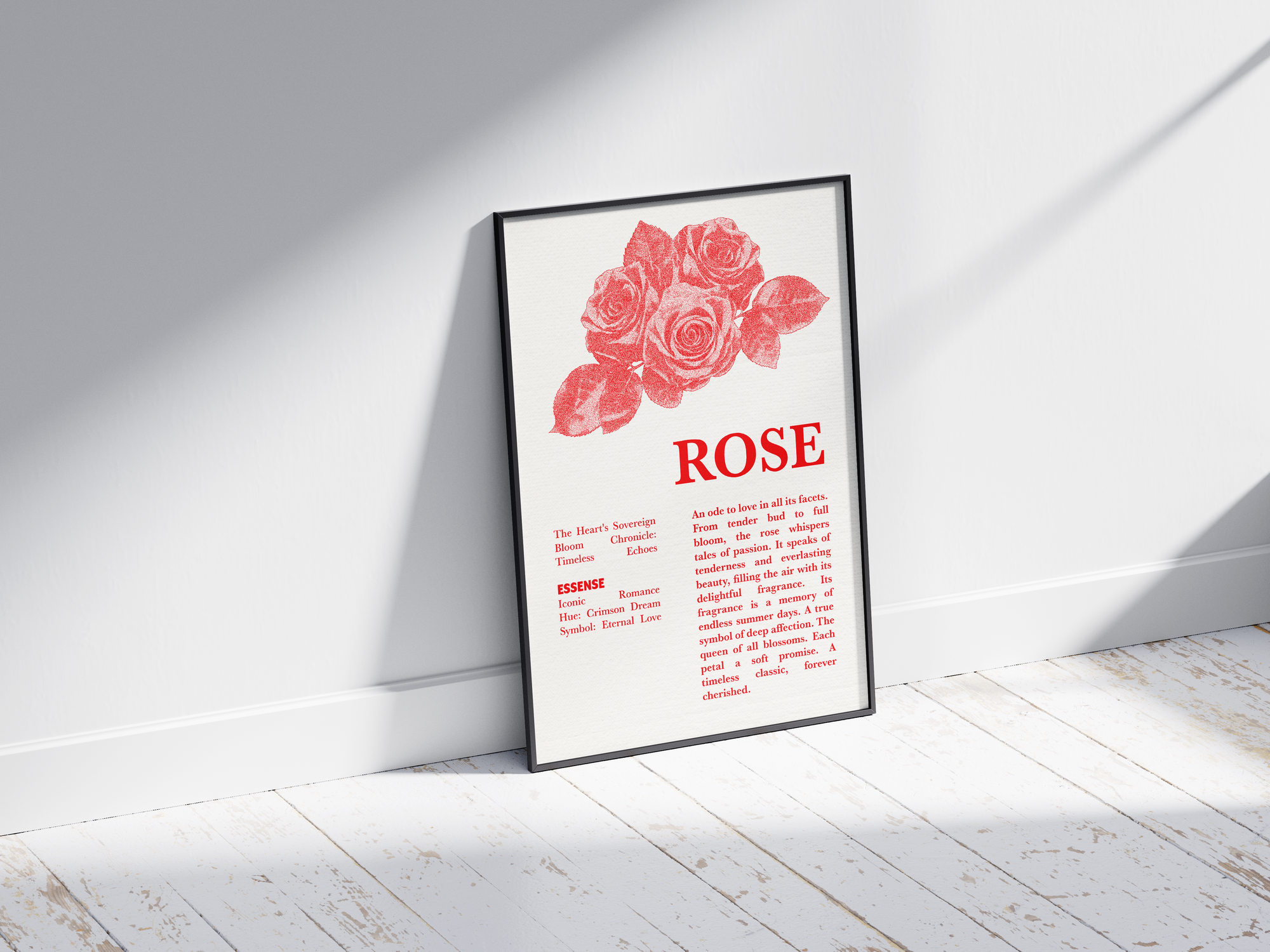 Vintage botanical rose poster featuring a detailed flower illustration in soft red tones, printed on semi-gloss sustainable paper. Perfect wall art for living rooms, bedrooms, or modern interiors with a romantic and natural aesthetic.