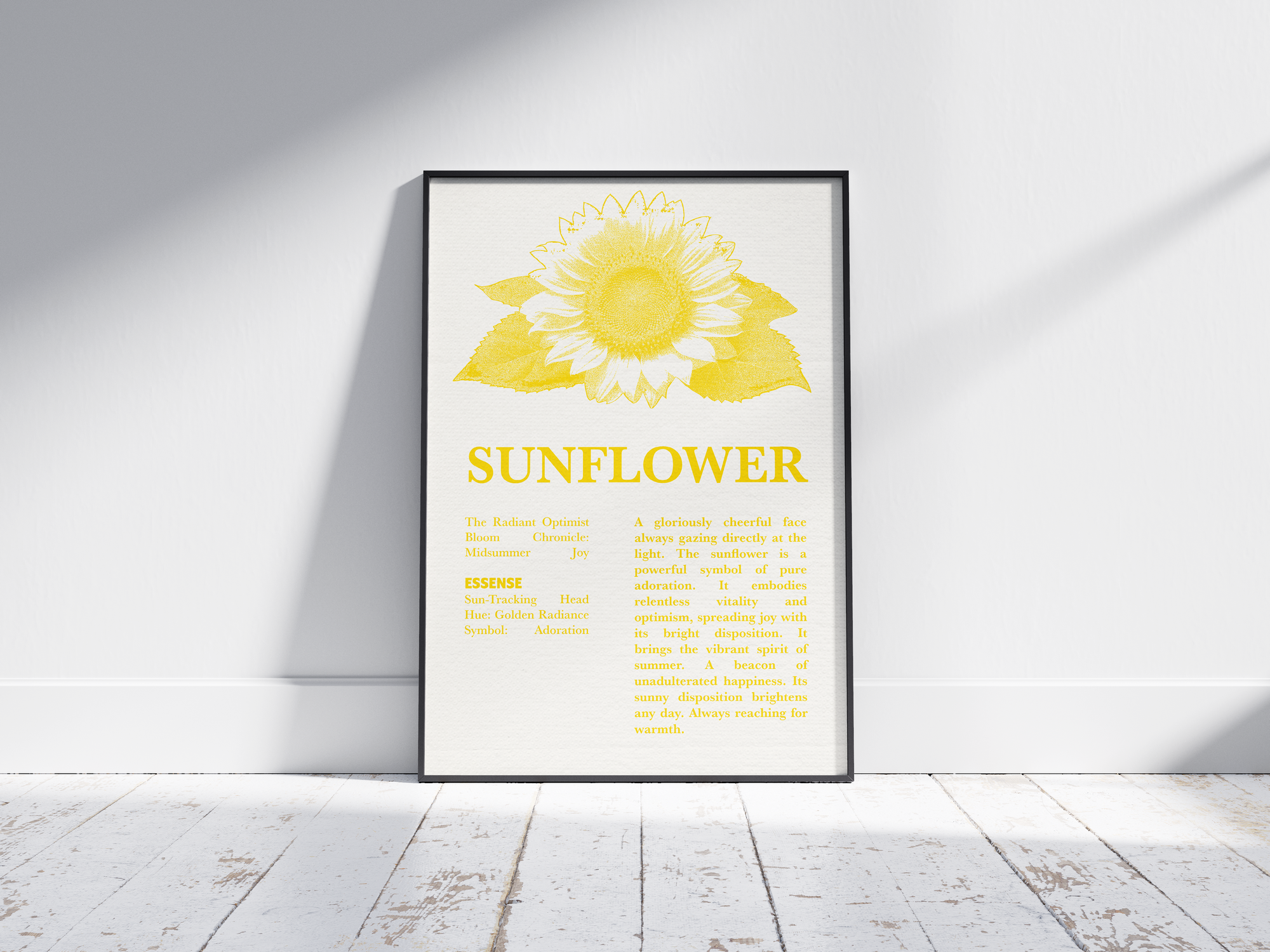 Vintage botanical sunflower poster featuring a detailed flower illustration in cheerful yellow tones, printed on semi-gloss sustainable paper. Perfect wall art for kitchens, dining areas, or modern interiors with a bright and natural aesthetic.