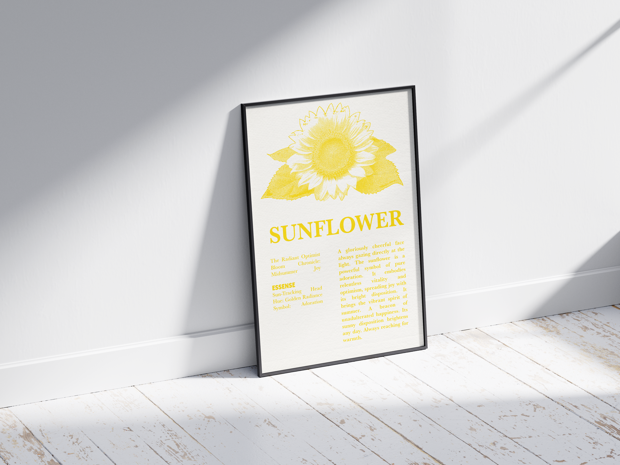 Vintage botanical sunflower poster featuring a detailed flower illustration in cheerful yellow tones, printed on semi-gloss sustainable paper. Perfect wall art for kitchens, dining areas, or modern interiors with a bright and natural aesthetic.